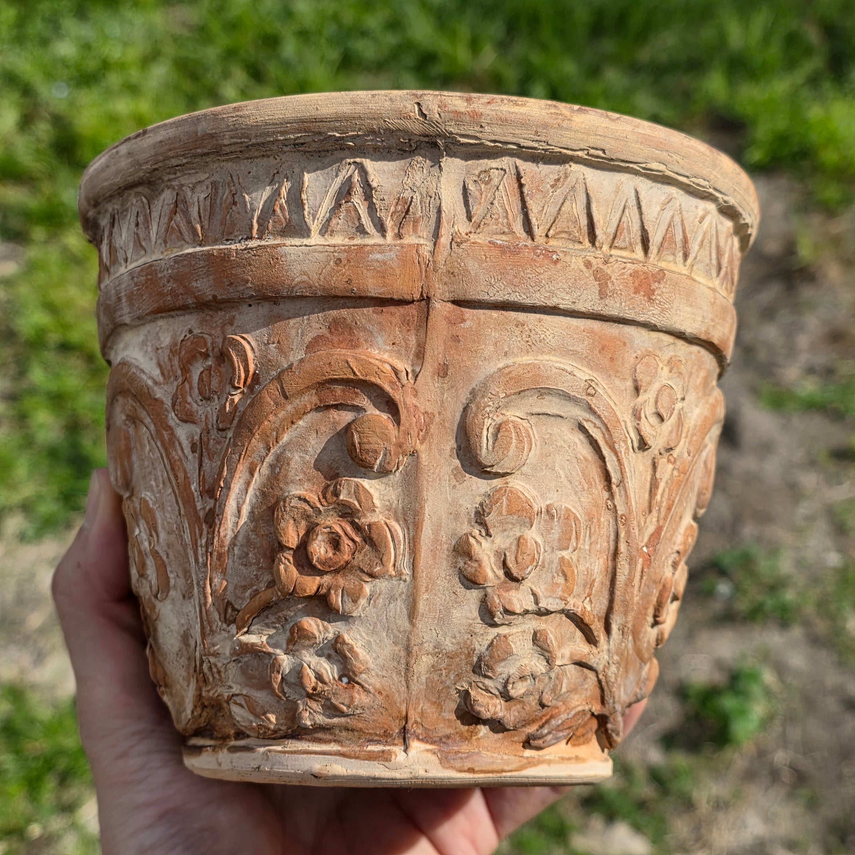 Rare Vintage Spanish Terracotta Planter Ornate Floral Relief with Italian Saucer
