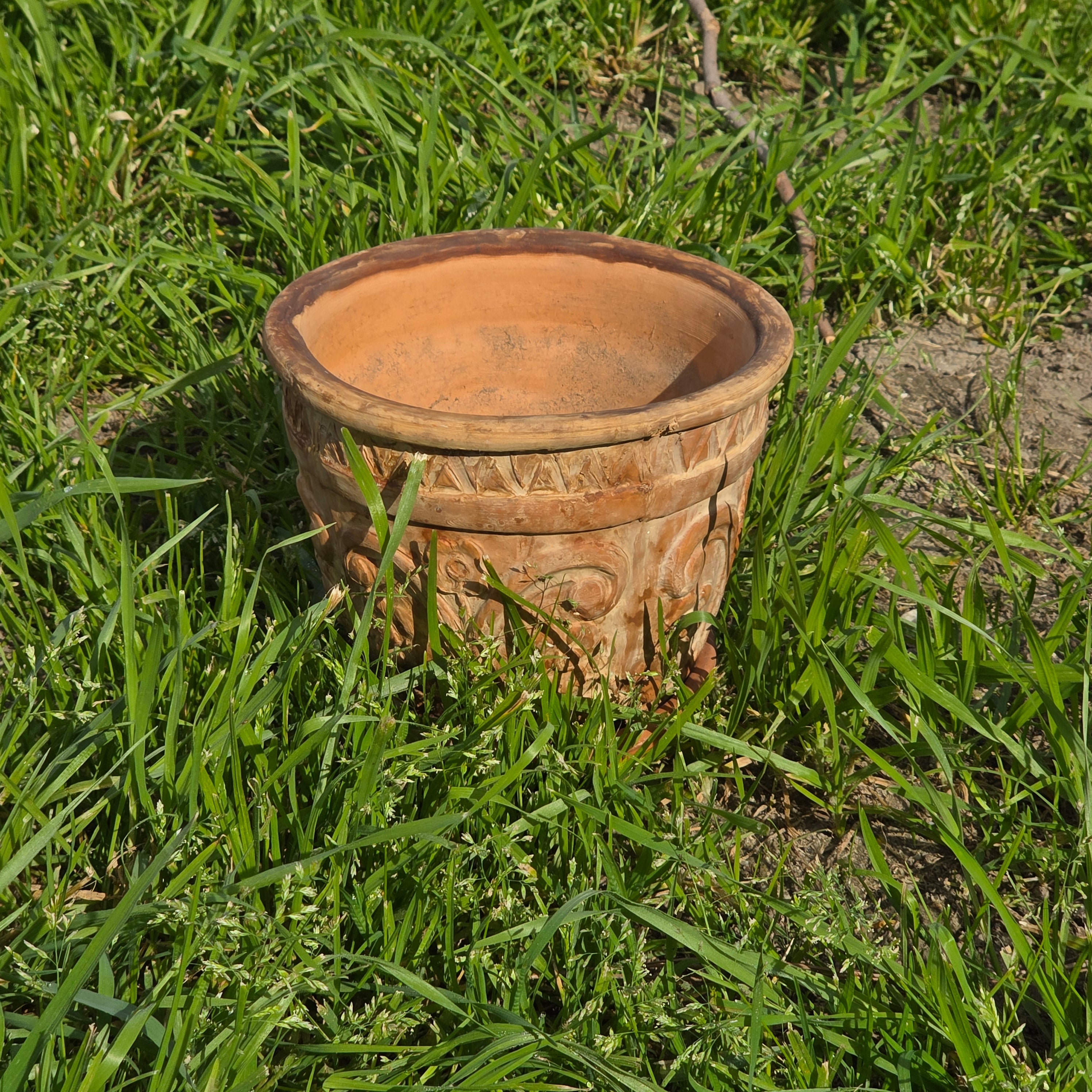 Rare Vintage Spanish Terracotta Planter Ornate Floral Relief with Italian Saucer