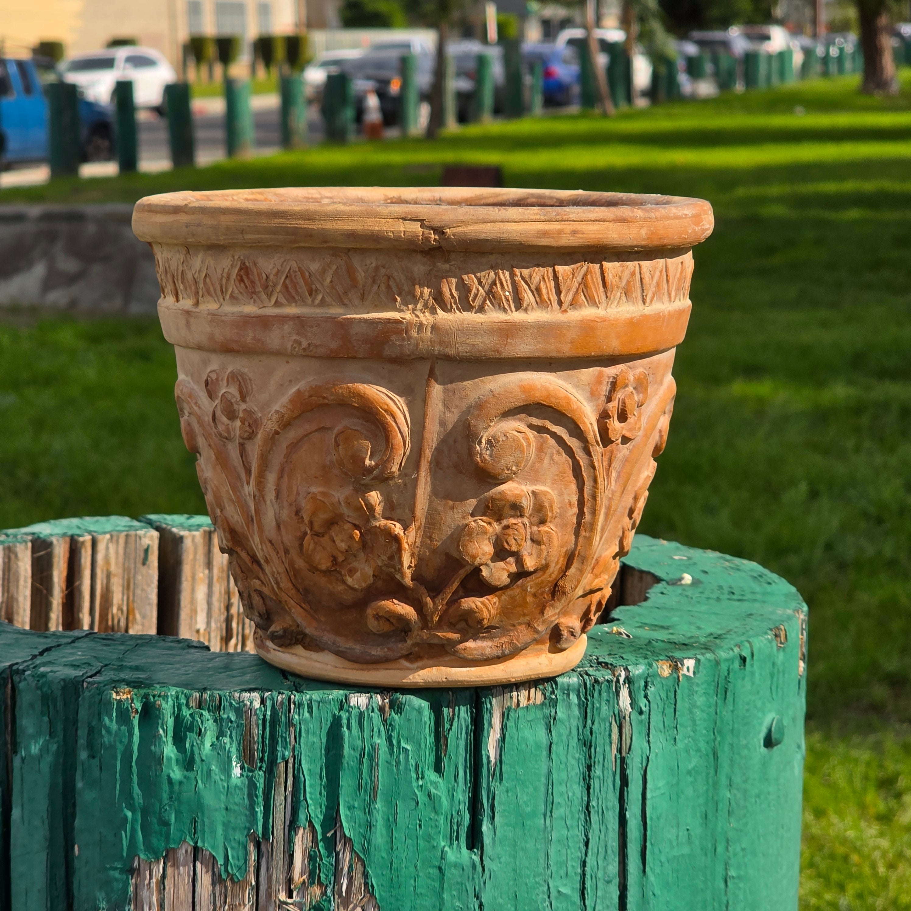 Rare Vintage Spanish Terracotta Planter Ornate Floral Relief with Italian Saucer