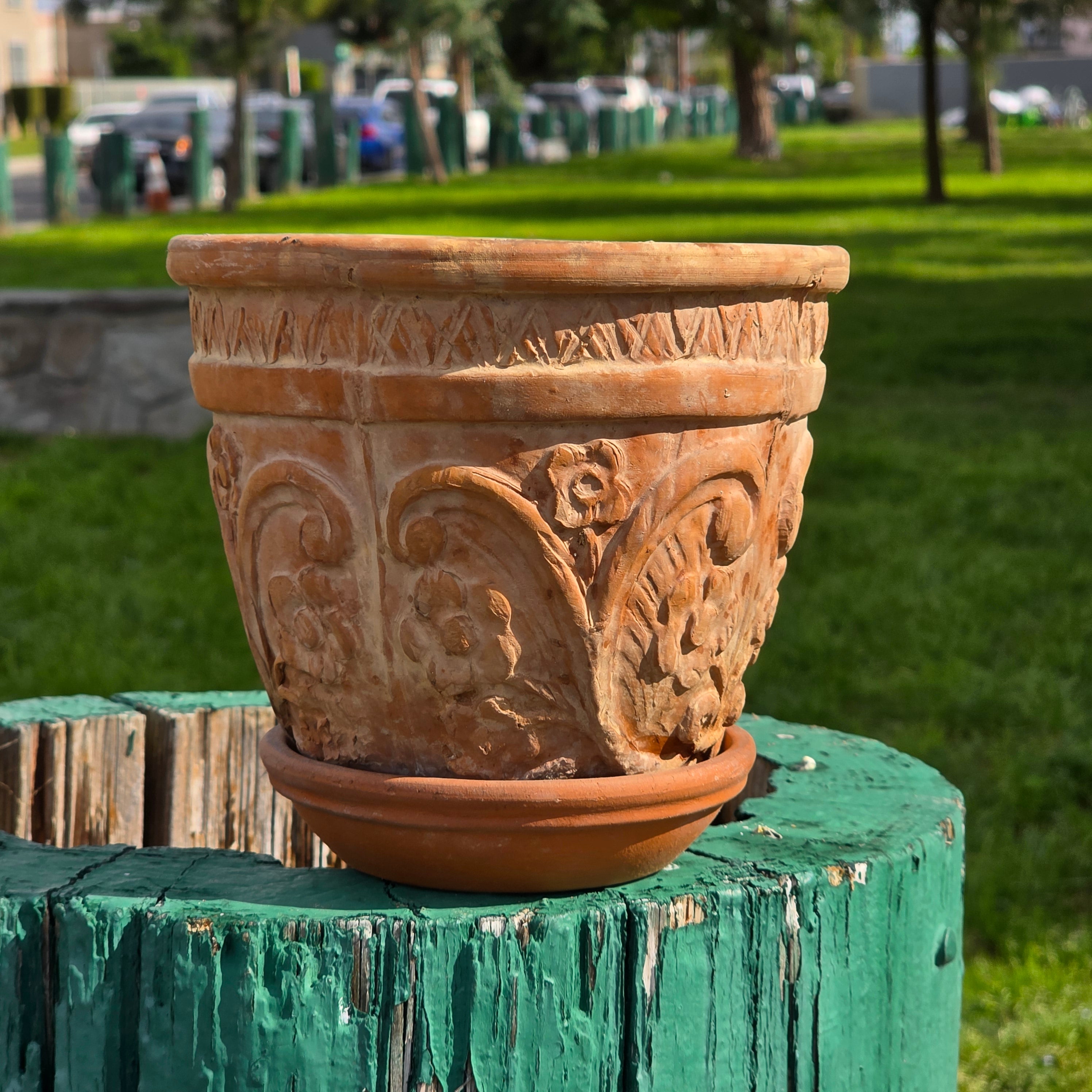 Rare Vintage Spanish Terracotta Planter Ornate Floral Relief with Italian Saucer