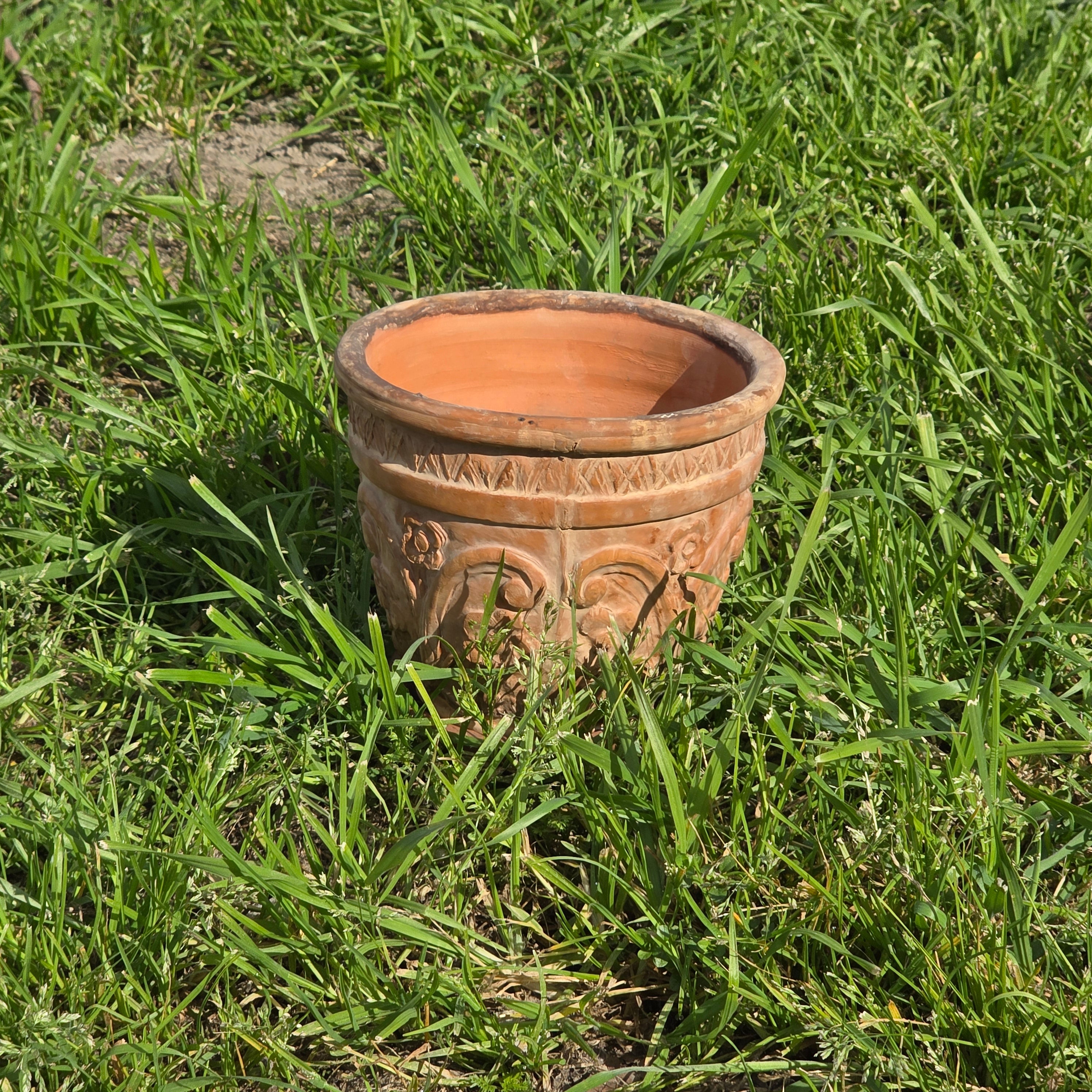 Rare Vintage Spanish Terracotta Planter Ornate Floral Relief with Italian Saucer