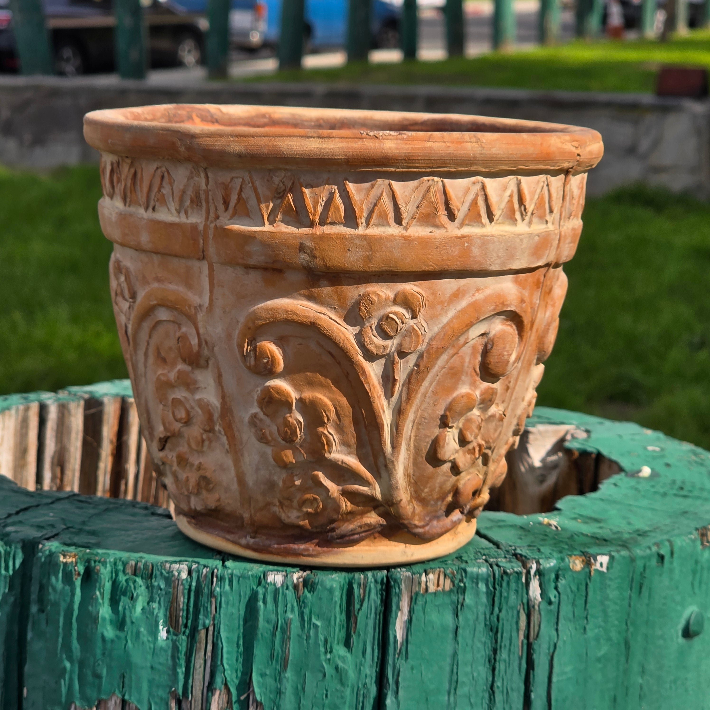 Rare Vintage Spanish Terracotta Planter Ornate Floral Relief with Italian Saucer