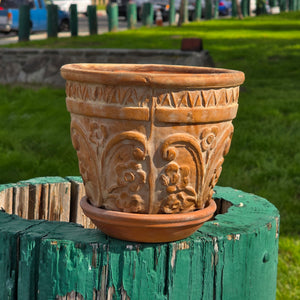 Rare Vintage Spanish Terracotta Planter Ornate Floral Relief with Italian Saucer