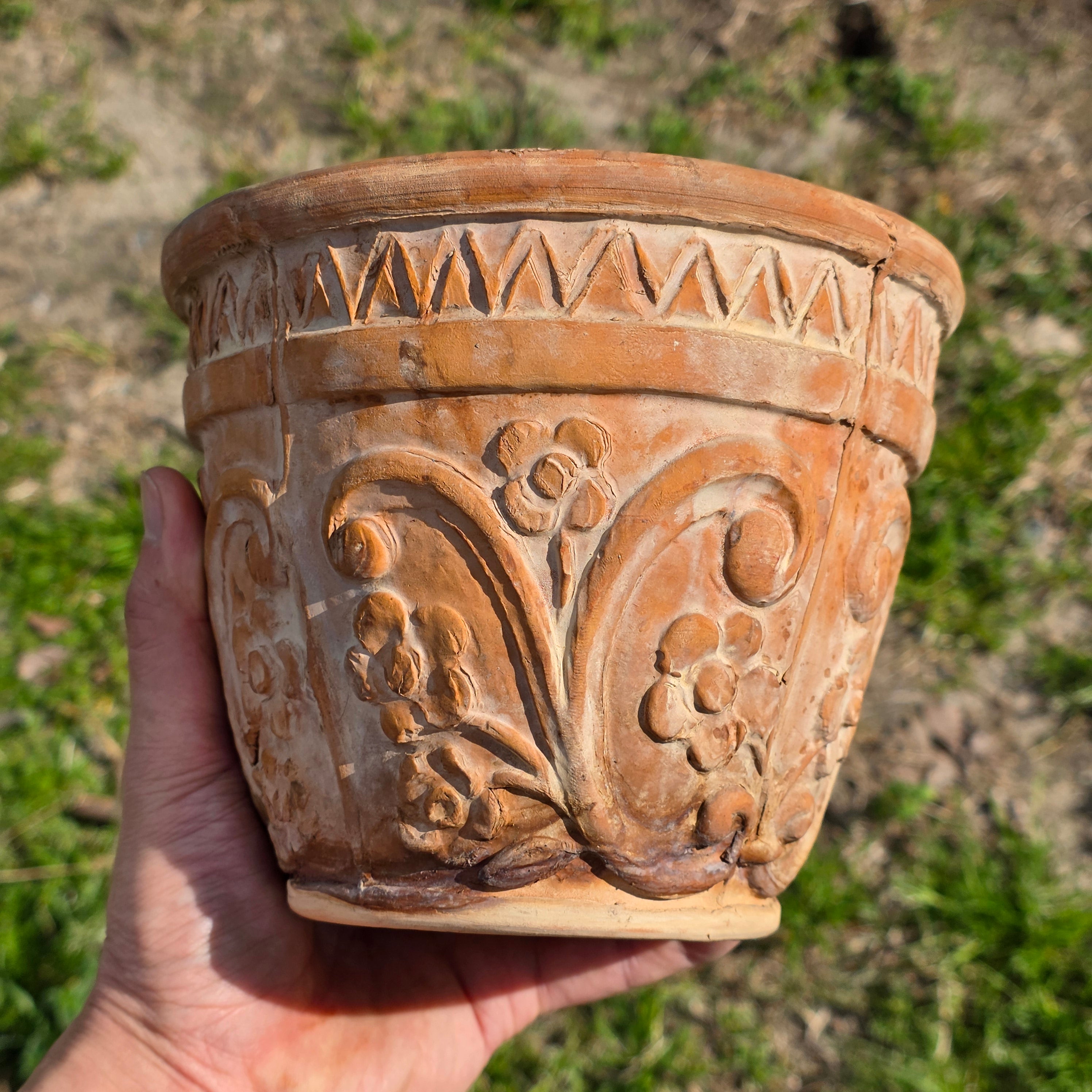 Rare Vintage Spanish Terracotta Planter Ornate Floral Relief with Italian Saucer