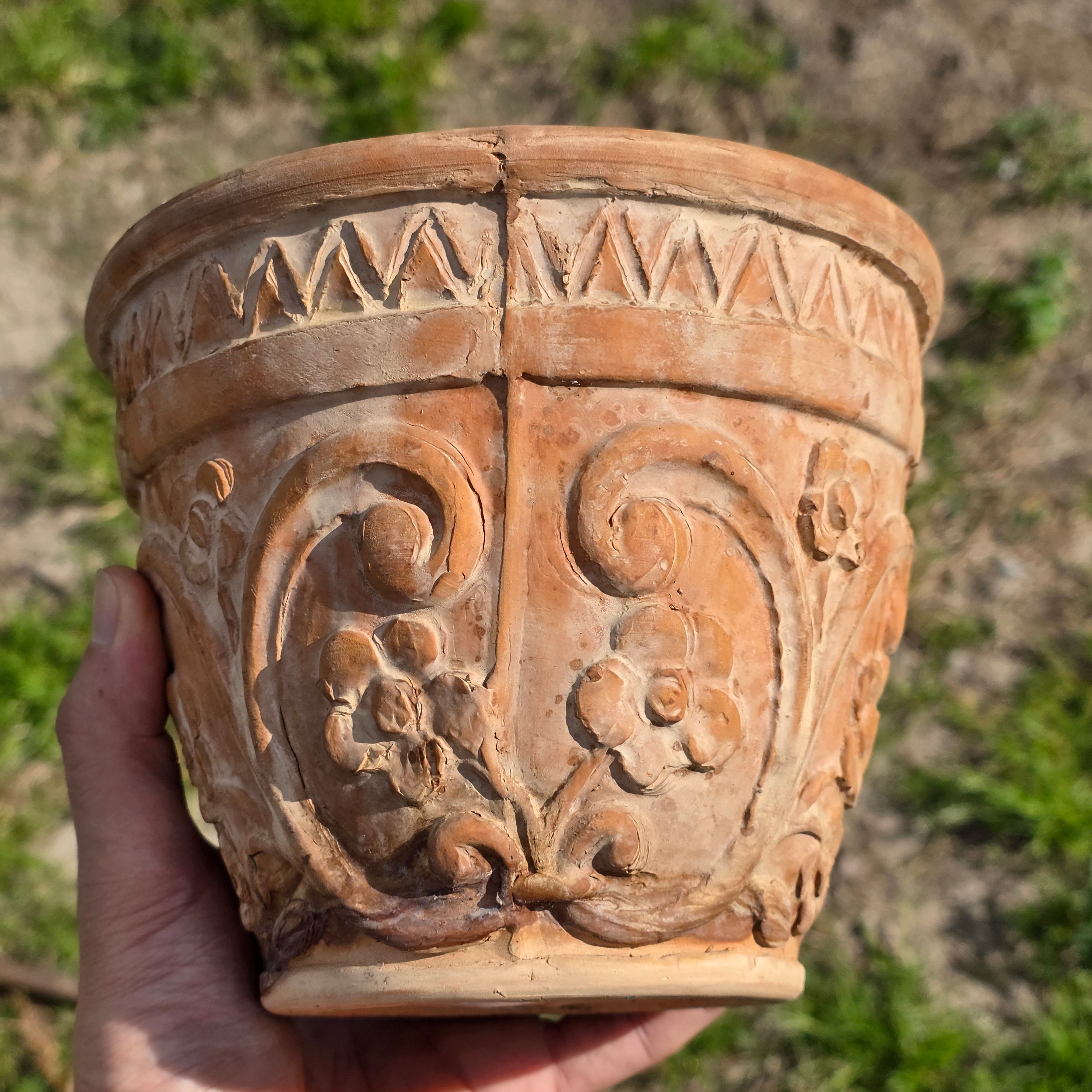 Rare Vintage Spanish Terracotta Planter Ornate Floral Relief with Italian Saucer