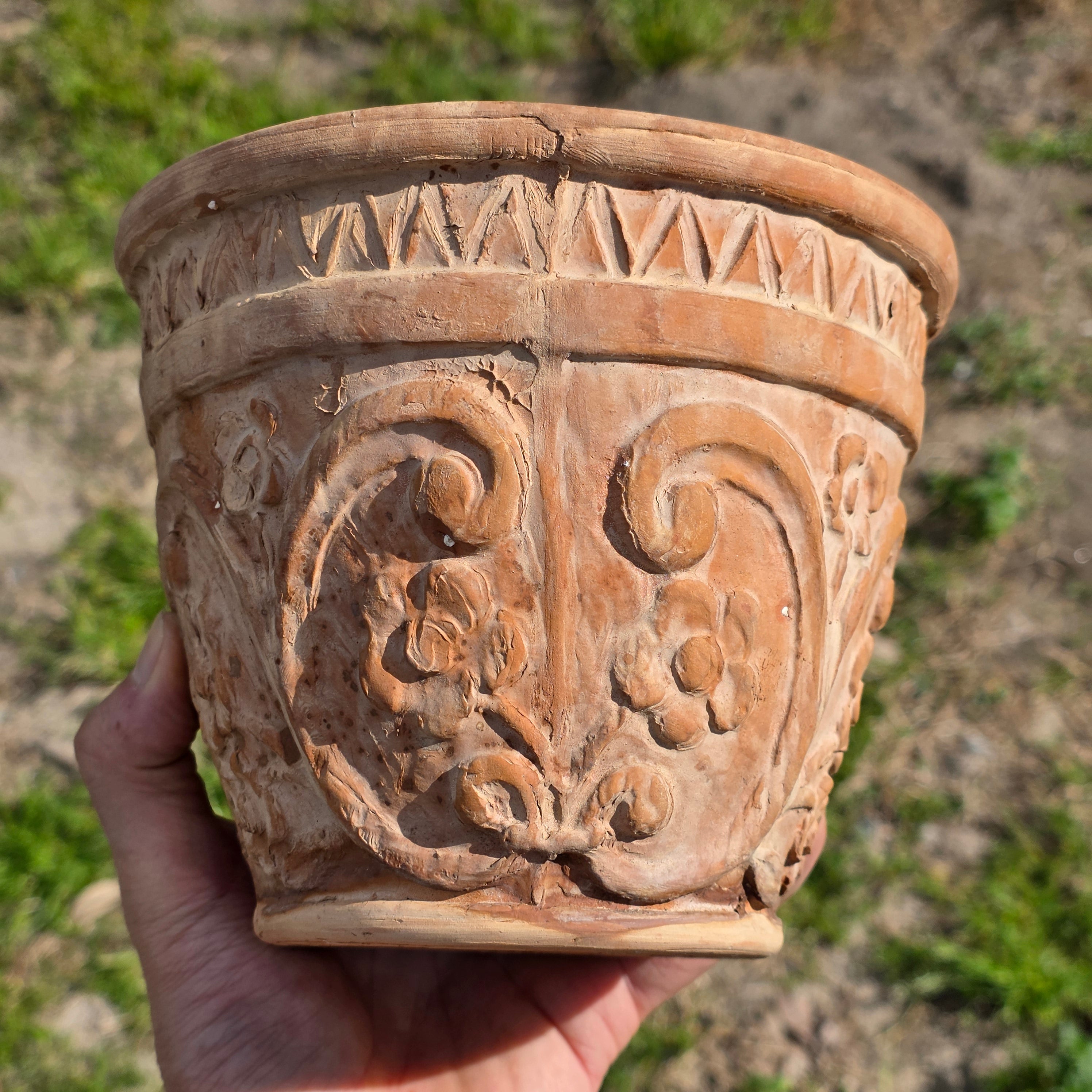 Rare Vintage Spanish Terracotta Planter Ornate Floral Relief with Italian Saucer
