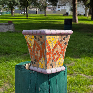 Vintage Handmade Mosaic Tile Planter - Geometric Sunburst Terracotta Pot