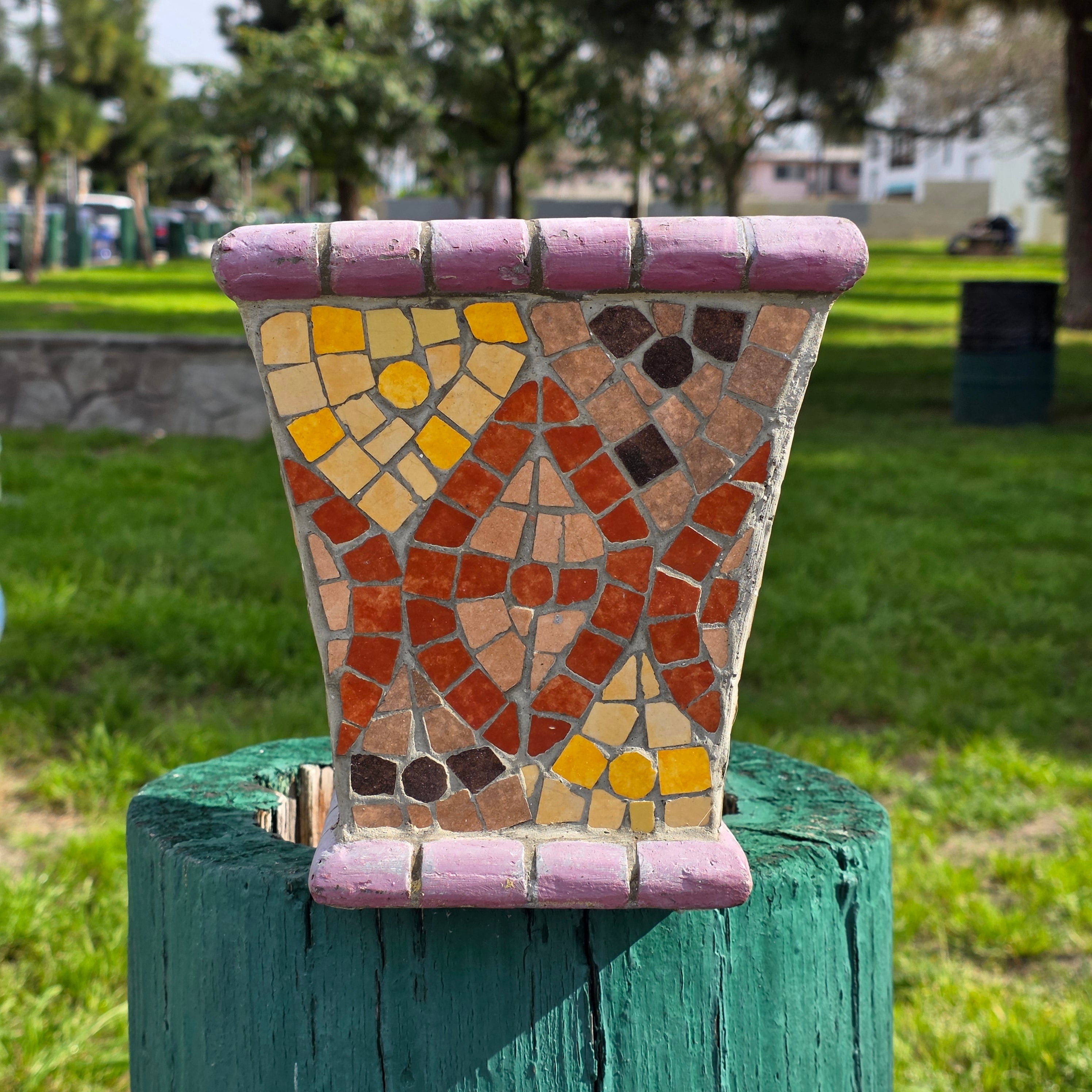 Vintage Handmade Mosaic Tile Planter - Geometric Sunburst Terracotta Pot