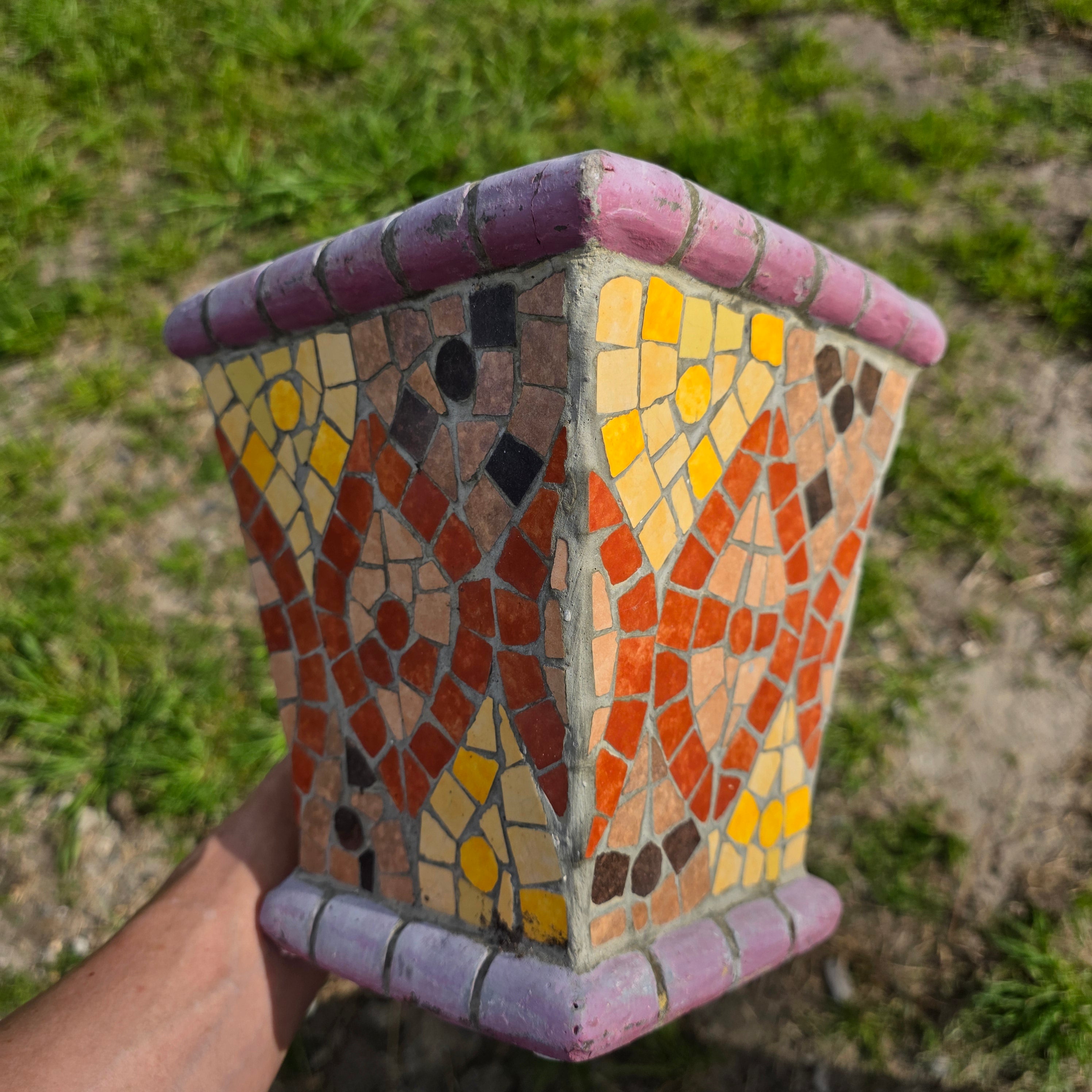 Vintage Handmade Mosaic Tile Planter - Geometric Sunburst Terracotta Pot