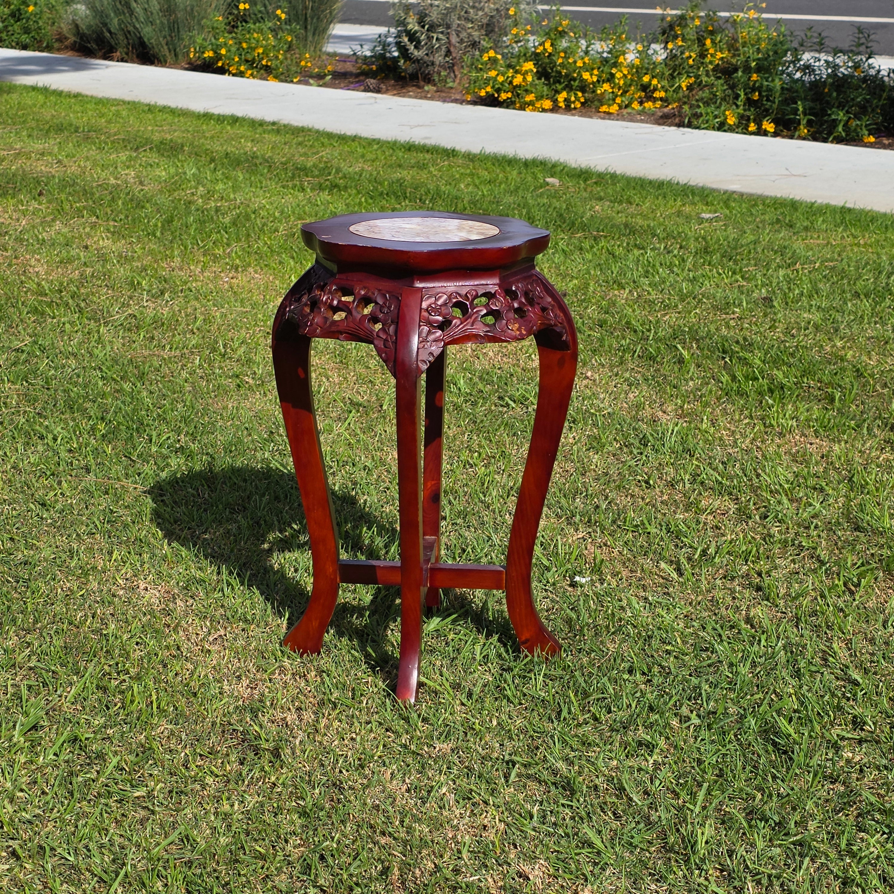 Vintage Chinese Marble Top Plant Stand - Carved Wood Pedestal with Flower Relief
