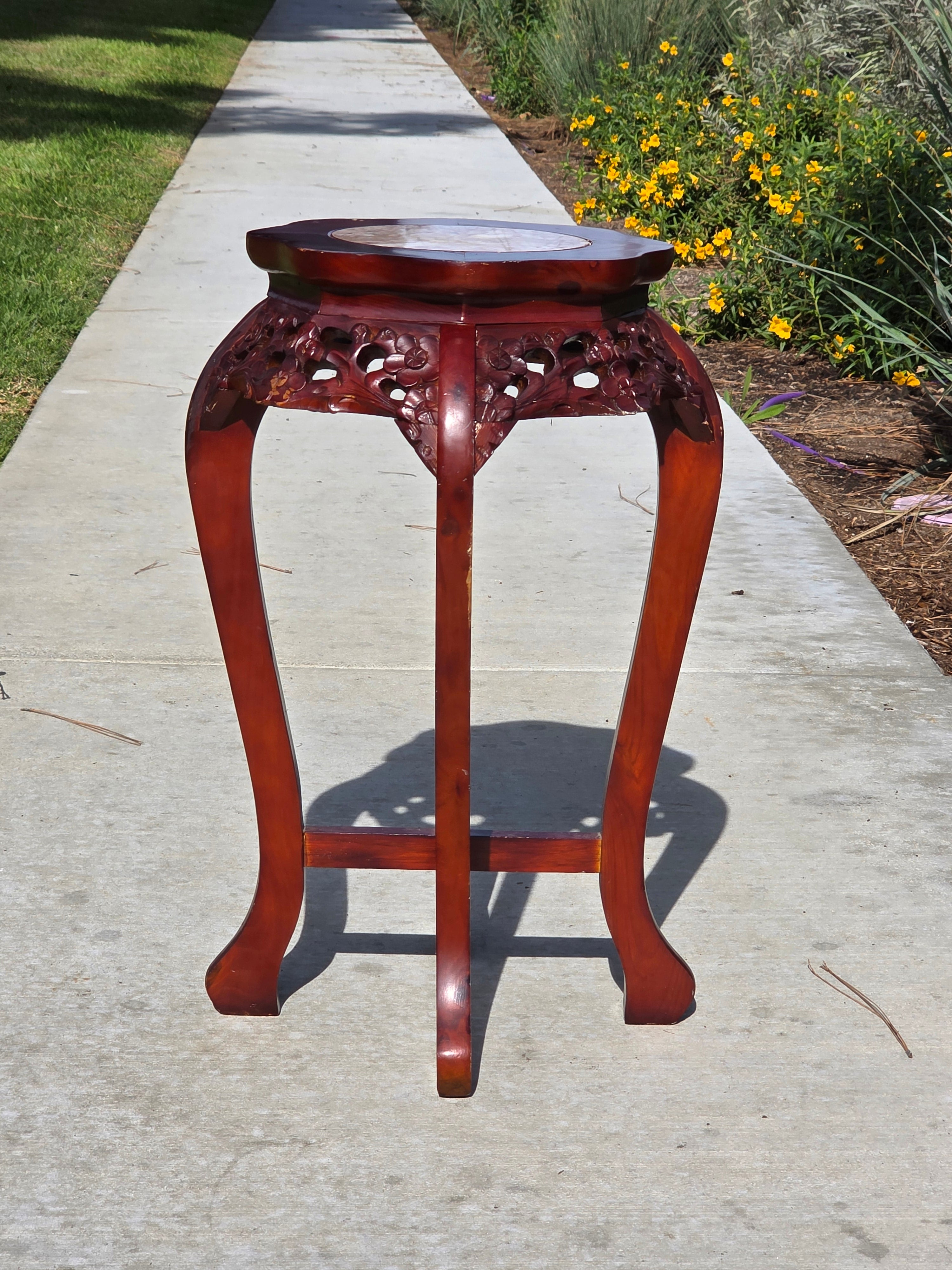 Vintage Chinese Marble Top Plant Stand - Carved Wood Pedestal with Flower Relief