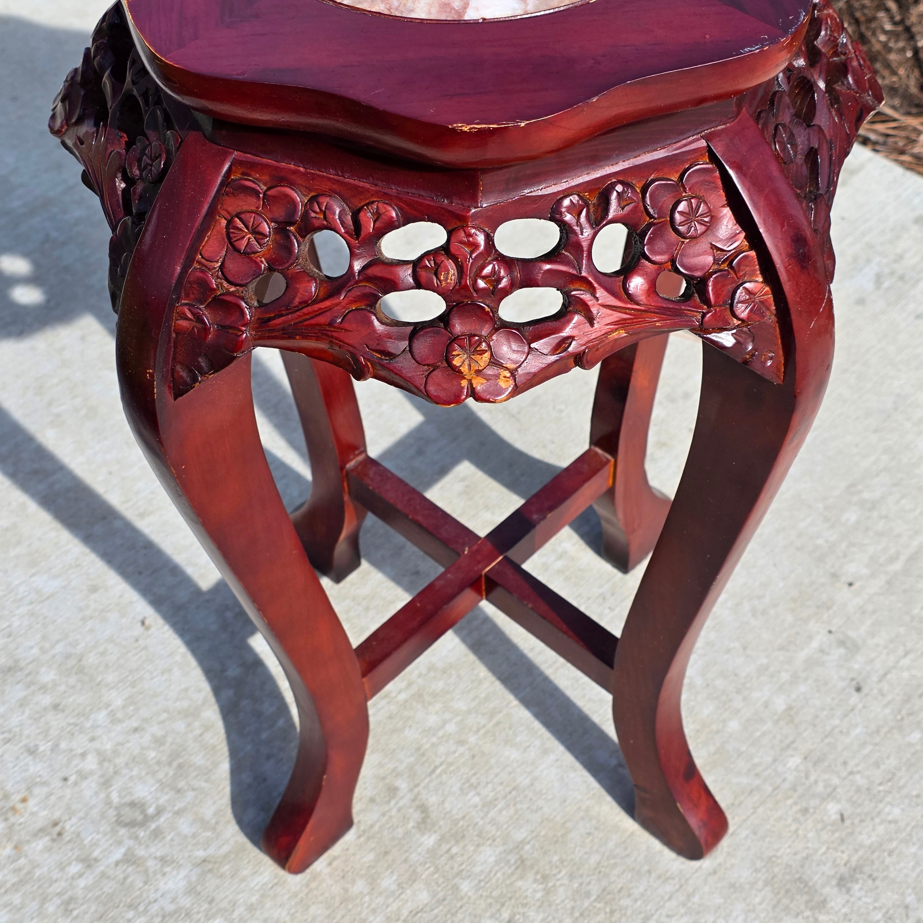 Vintage Chinese Marble Top Plant Stand - Carved Wood Pedestal with Flower Relief