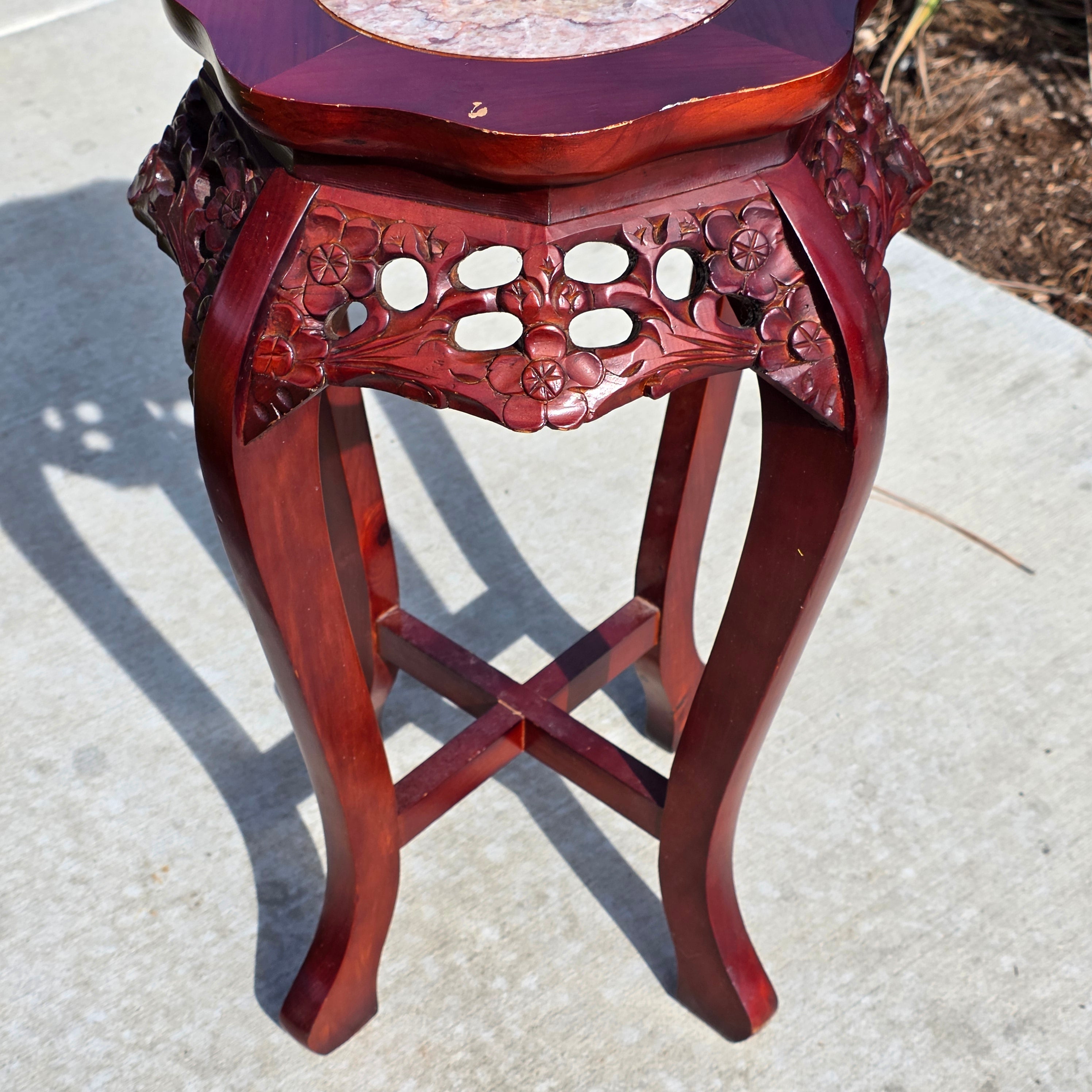 Vintage Chinese Marble Top Plant Stand - Carved Wood Pedestal with Flower Relief