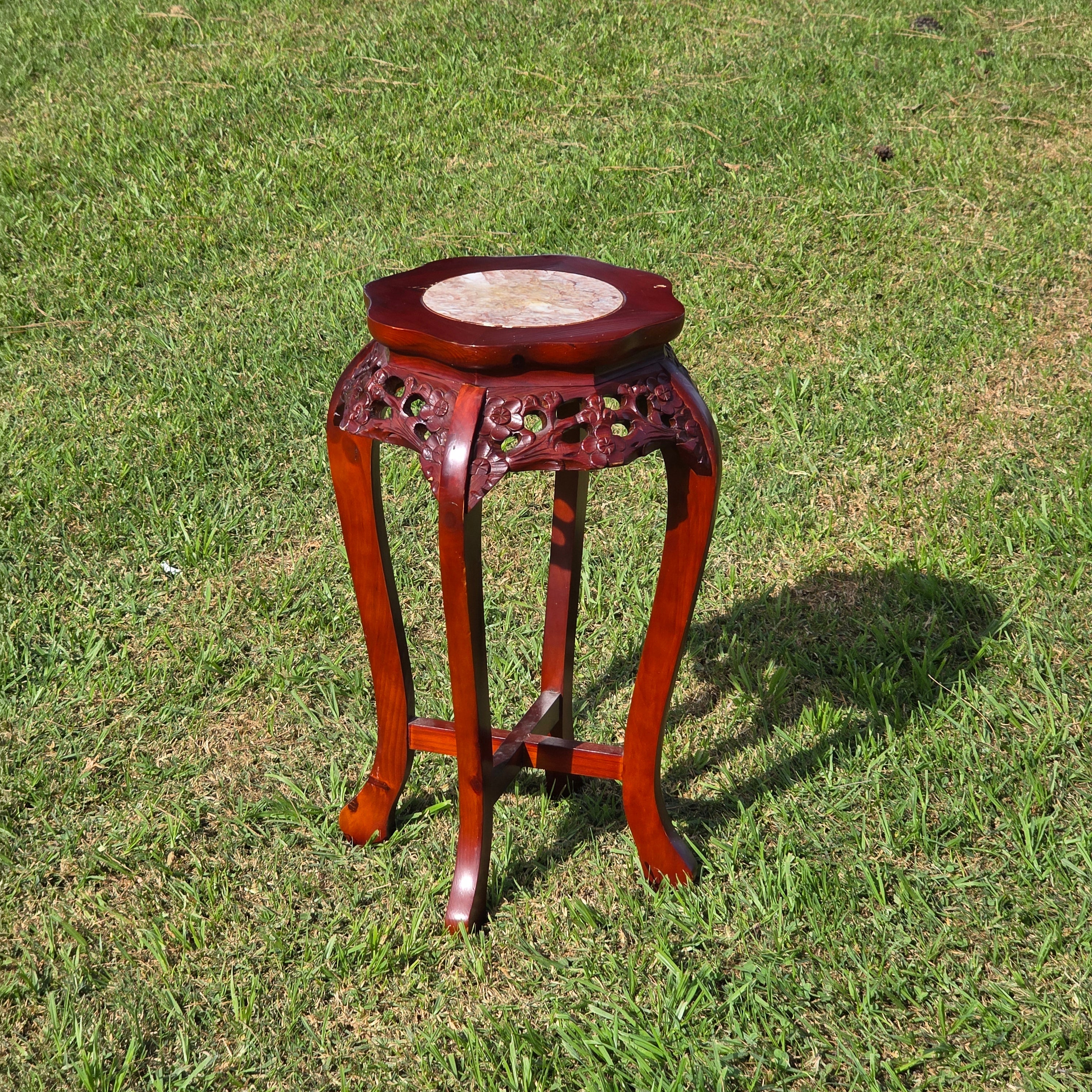 Vintage Chinese Marble Top Plant Stand - Carved Wood Pedestal with Flower Relief