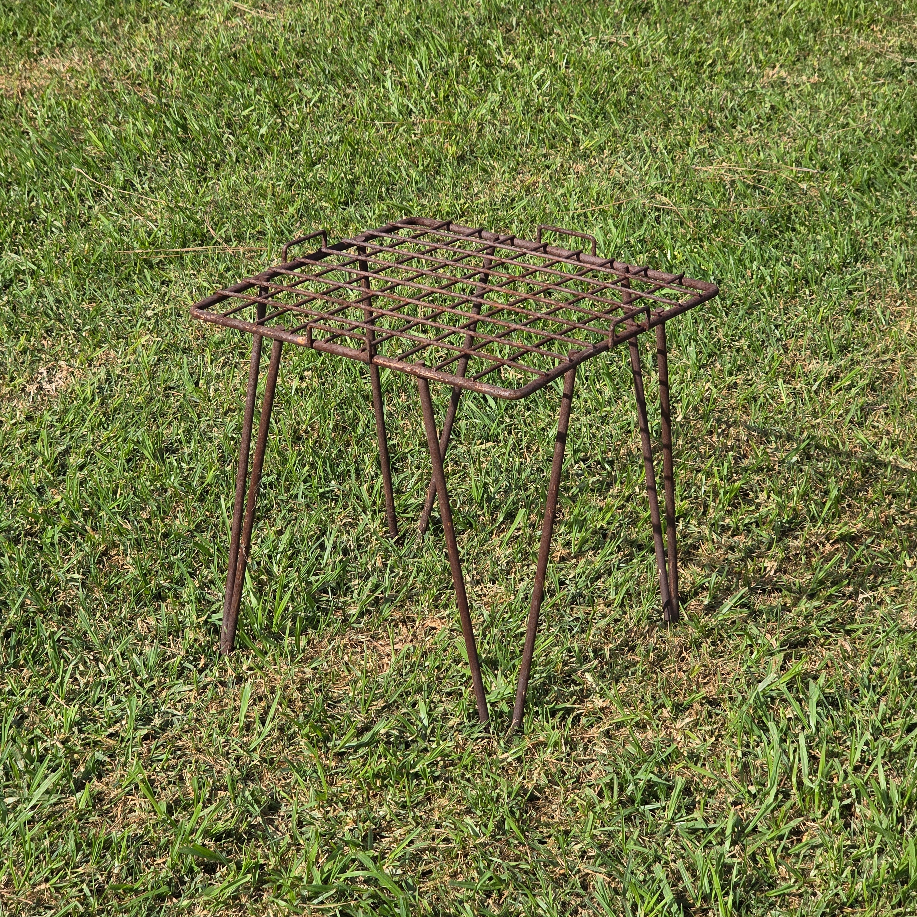 Vintage Industrial Wrought Iron Plant Stand / Mid-Century Wire Mesh Side Table