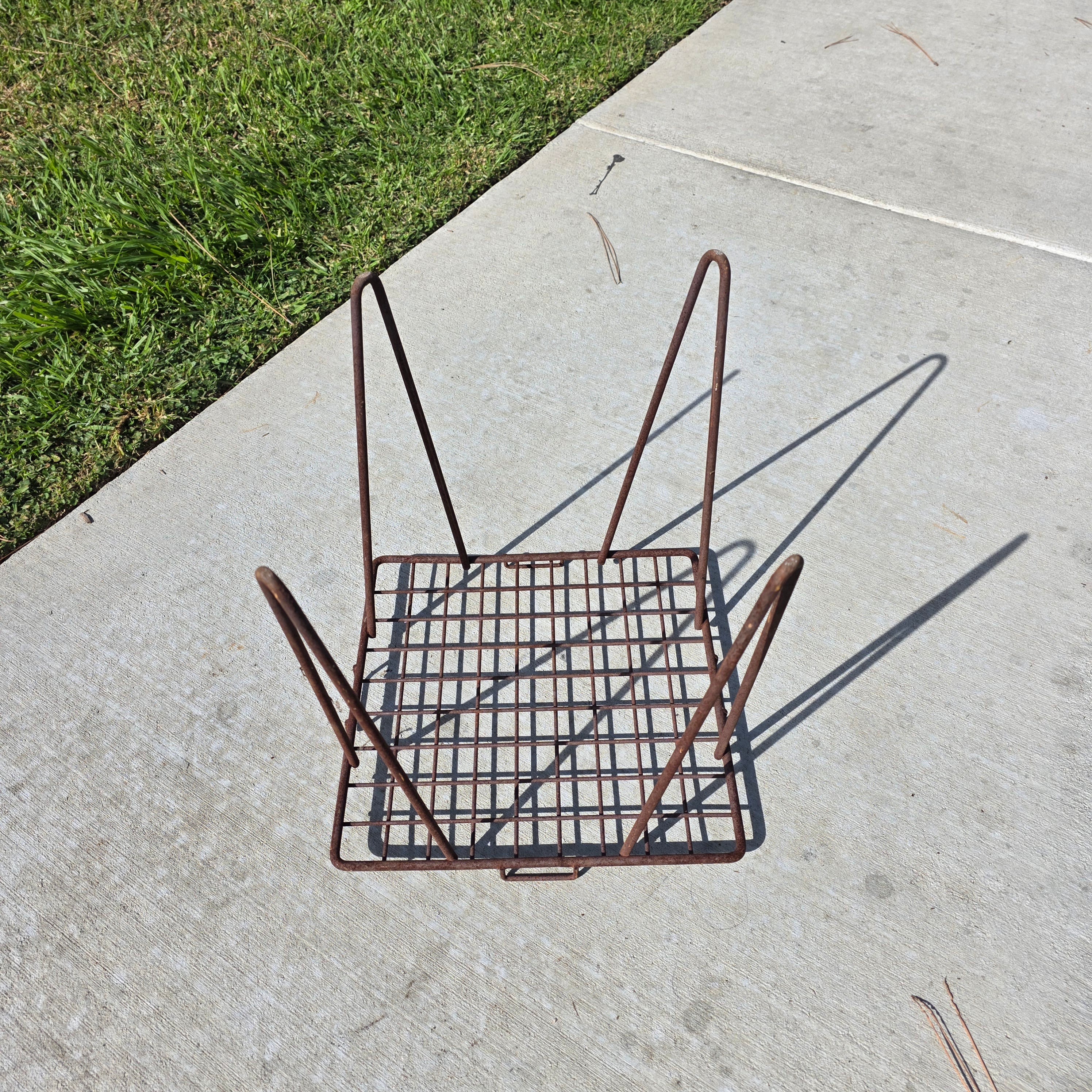 Vintage Industrial Wrought Iron Plant Stand / Mid-Century Wire Mesh Side Table