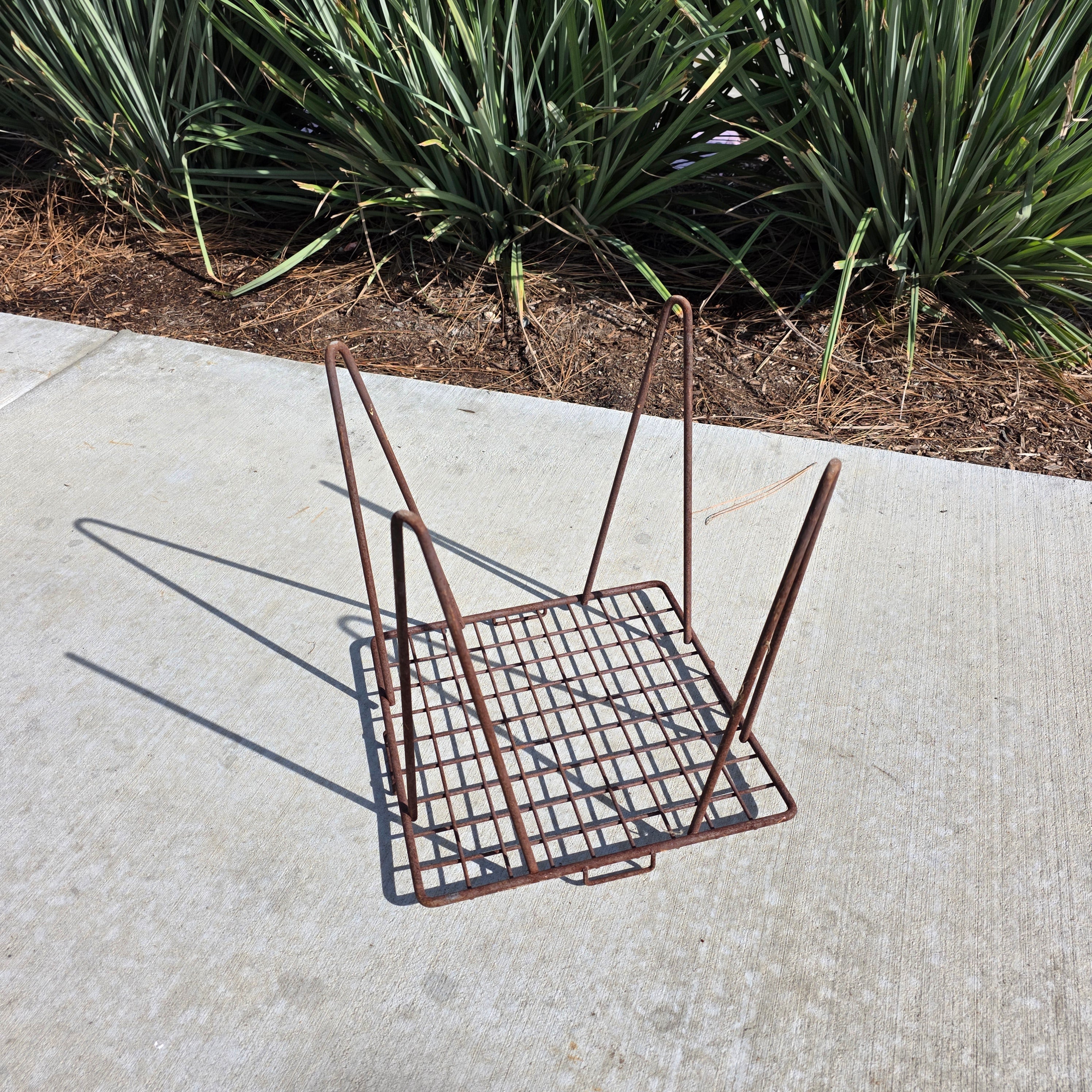 Vintage Industrial Wrought Iron Plant Stand / Mid-Century Wire Mesh Side Table