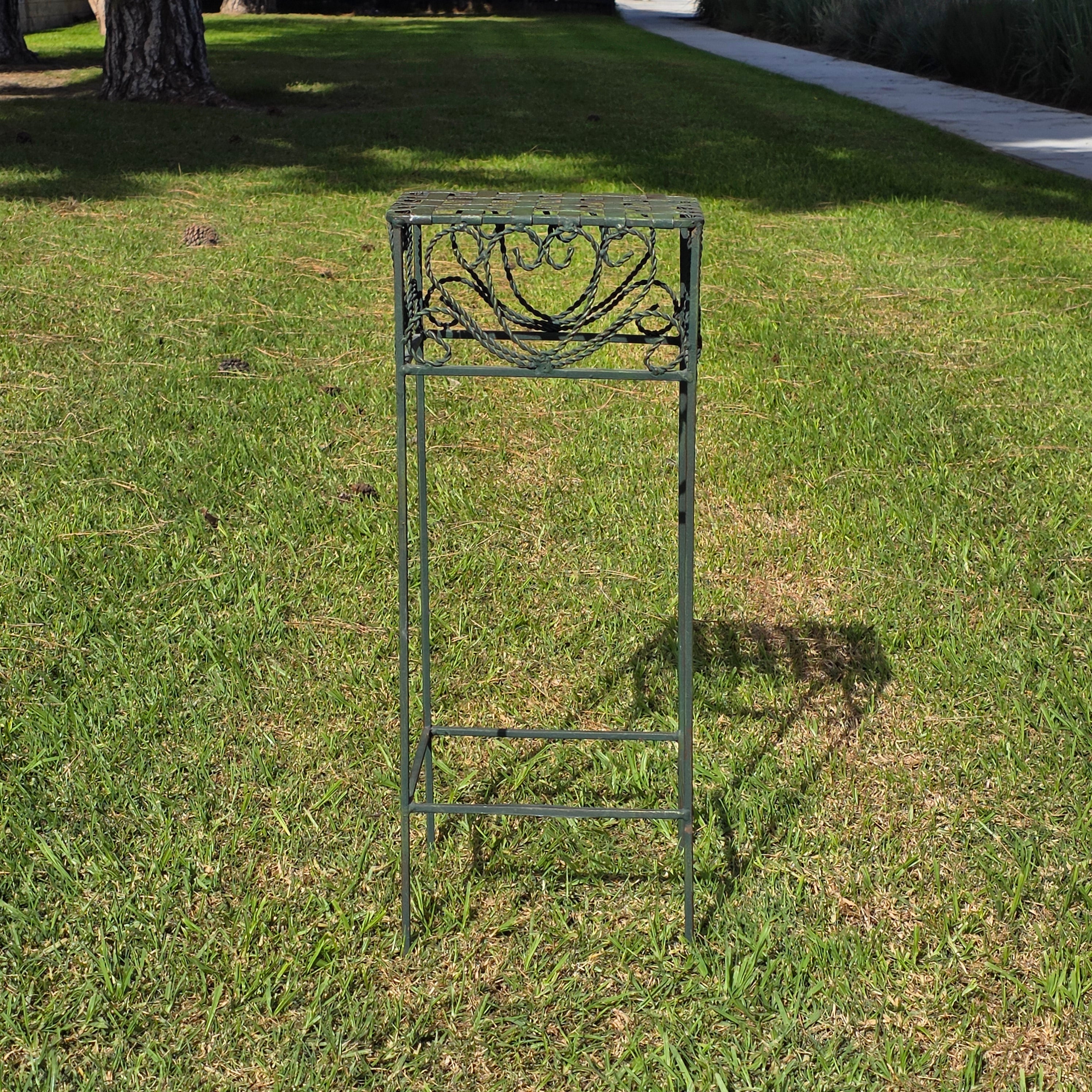 Vintage French Country Woven Metal Top Iron Plant Stand - Sage Green
