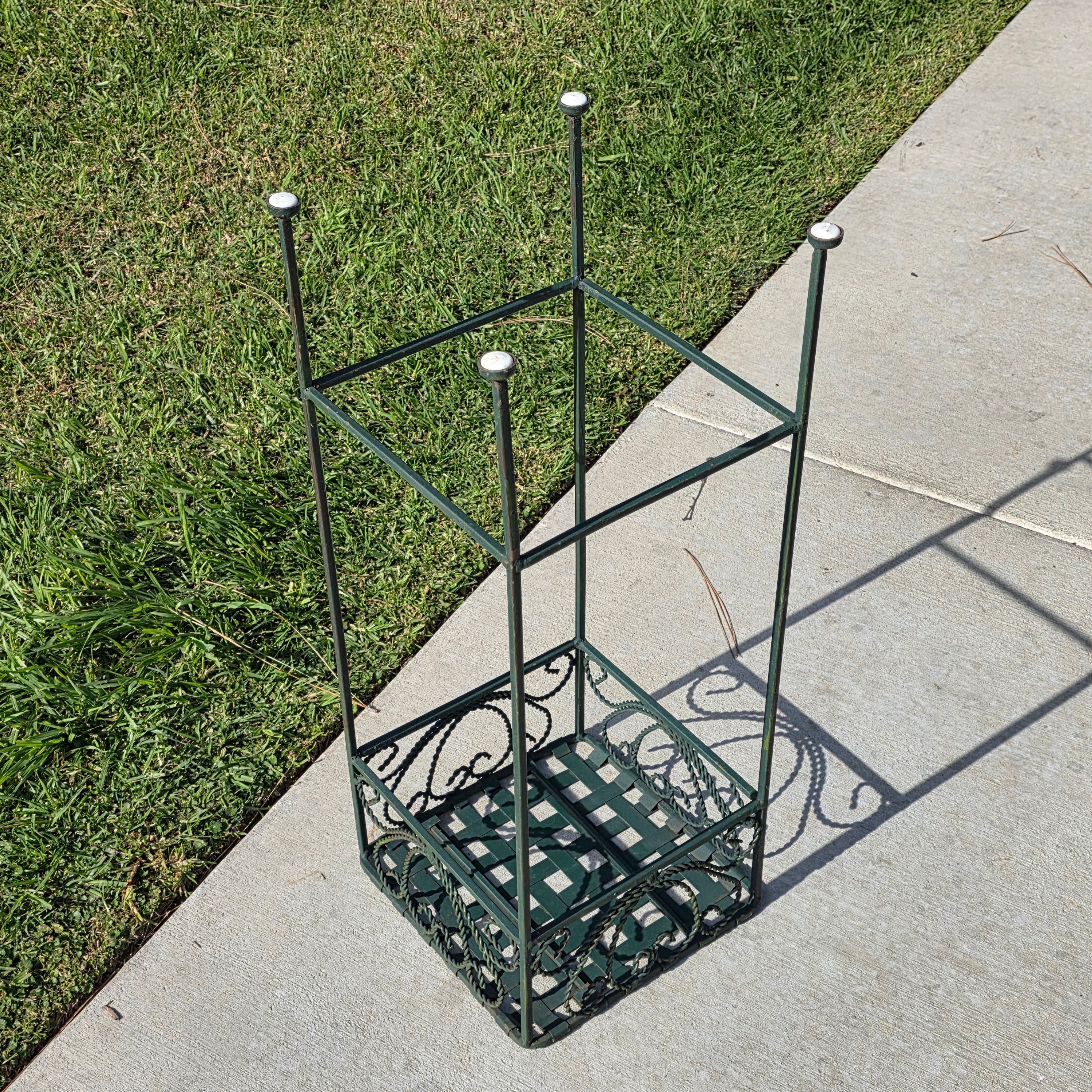Vintage French Country Woven Metal Top Iron Plant Stand - Sage Green
