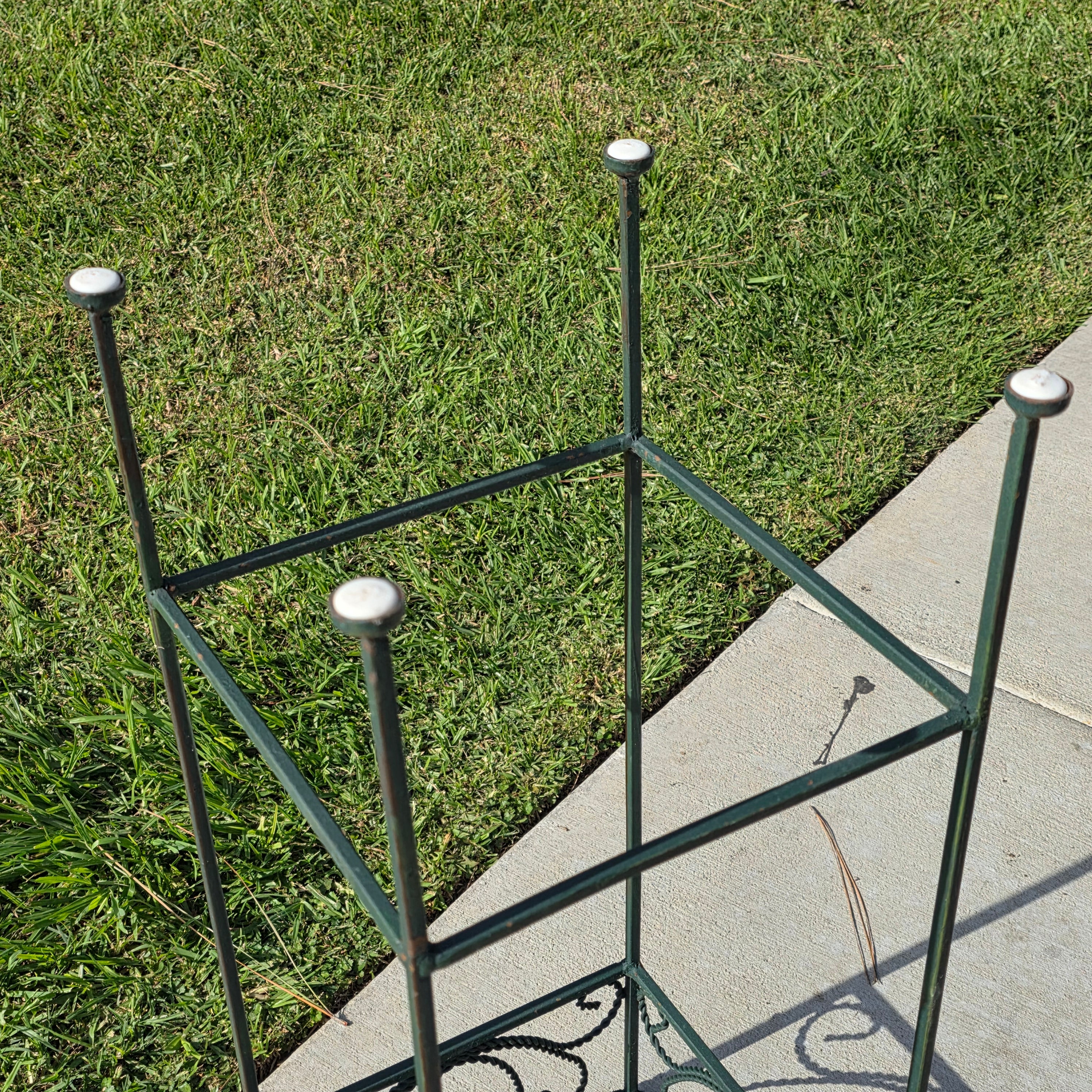 Vintage French Country Woven Metal Top Iron Plant Stand - Sage Green