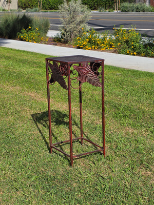 Vintage French Country Burgundy Iron Plant Stand with Large Leaf Accents