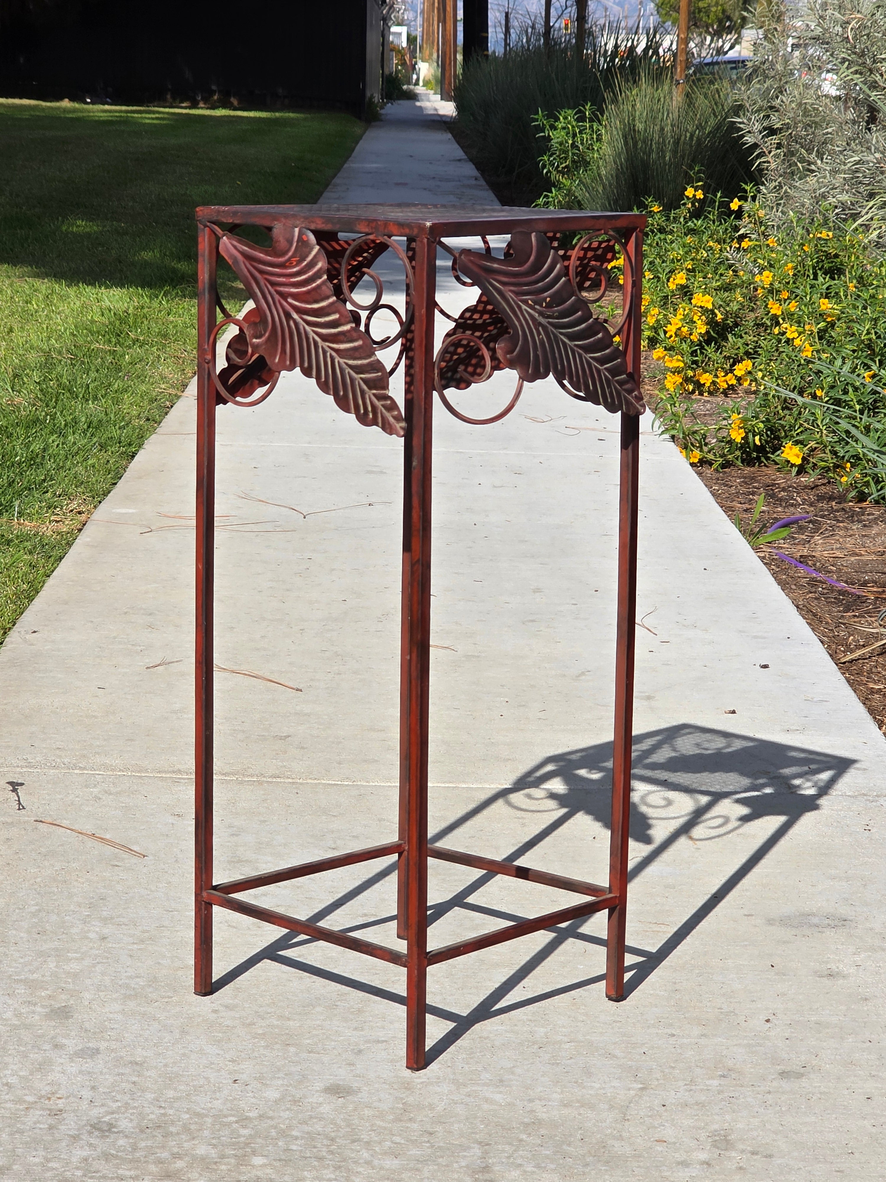 Vintage French Country Burgundy Iron Plant Stand with Large Leaf Accents
