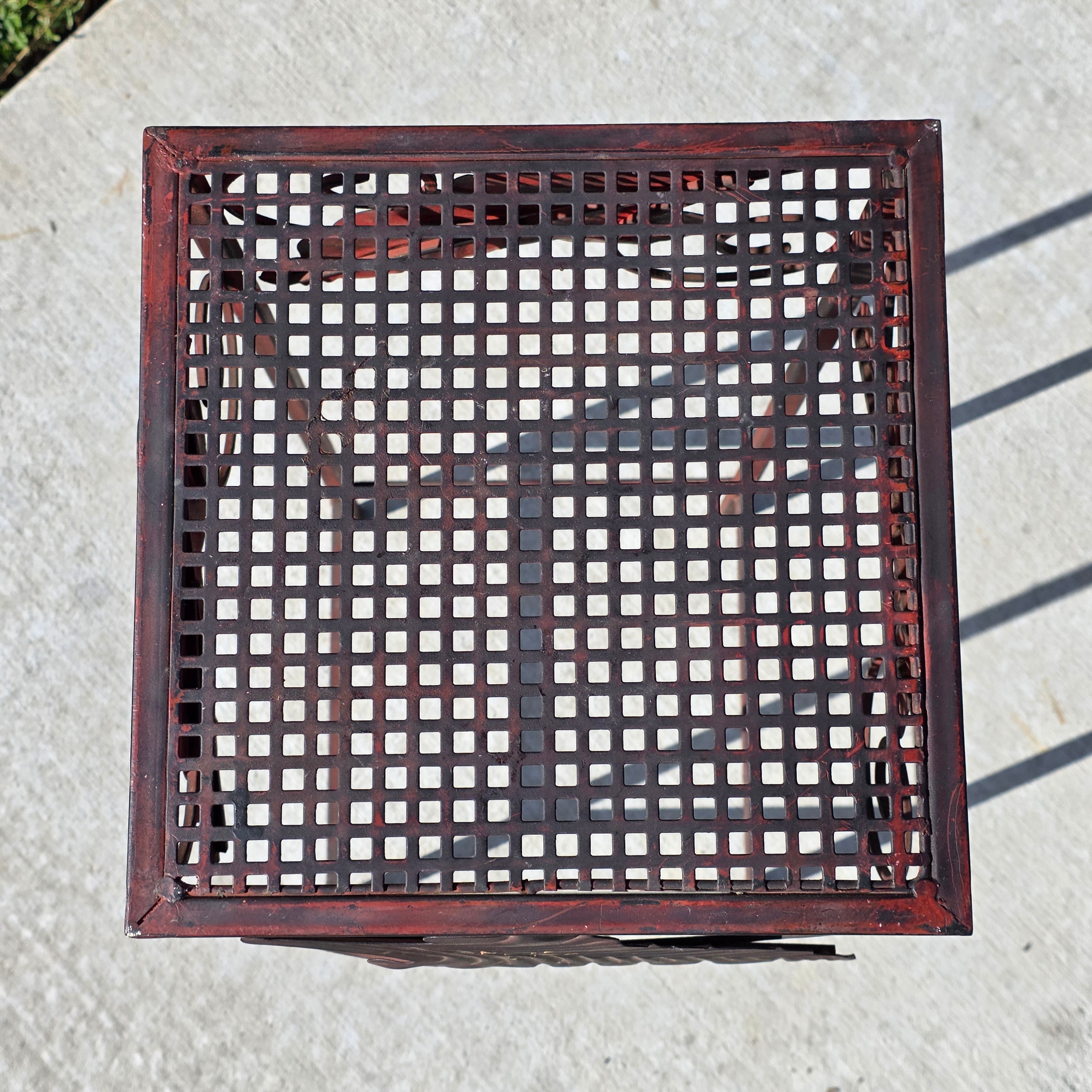Vintage French Country Burgundy Iron Plant Stand with Large Leaf Accents