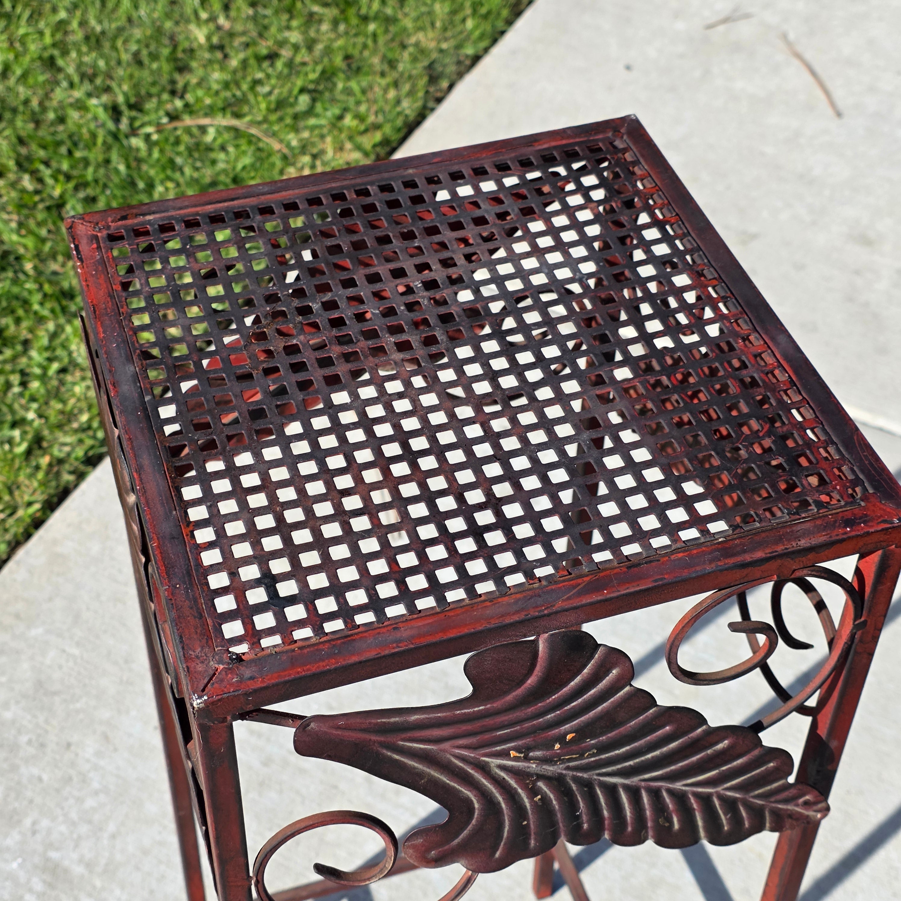 Vintage French Country Burgundy Iron Plant Stand with Large Leaf Accents