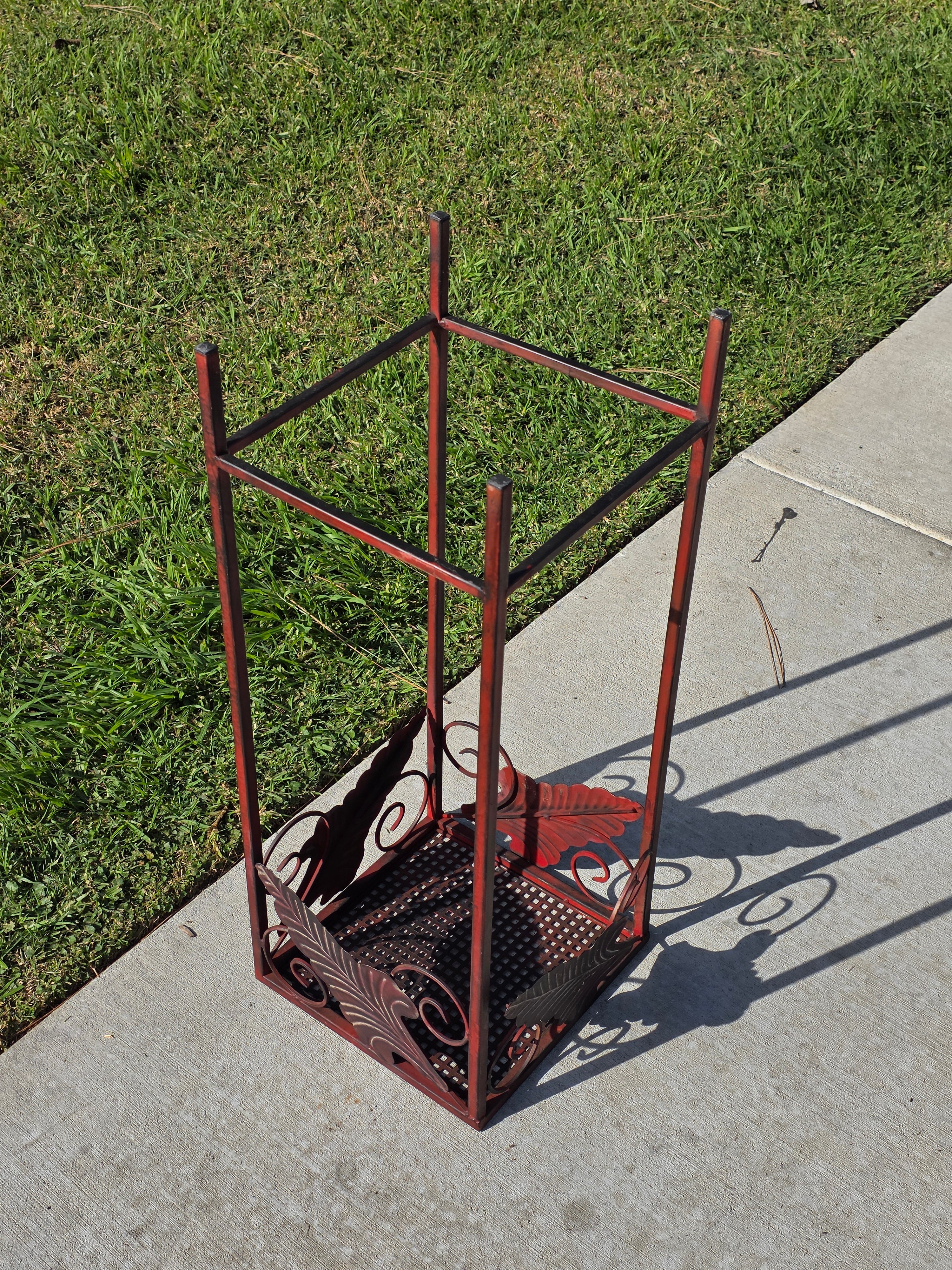 Vintage French Country Burgundy Iron Plant Stand with Large Leaf Accents