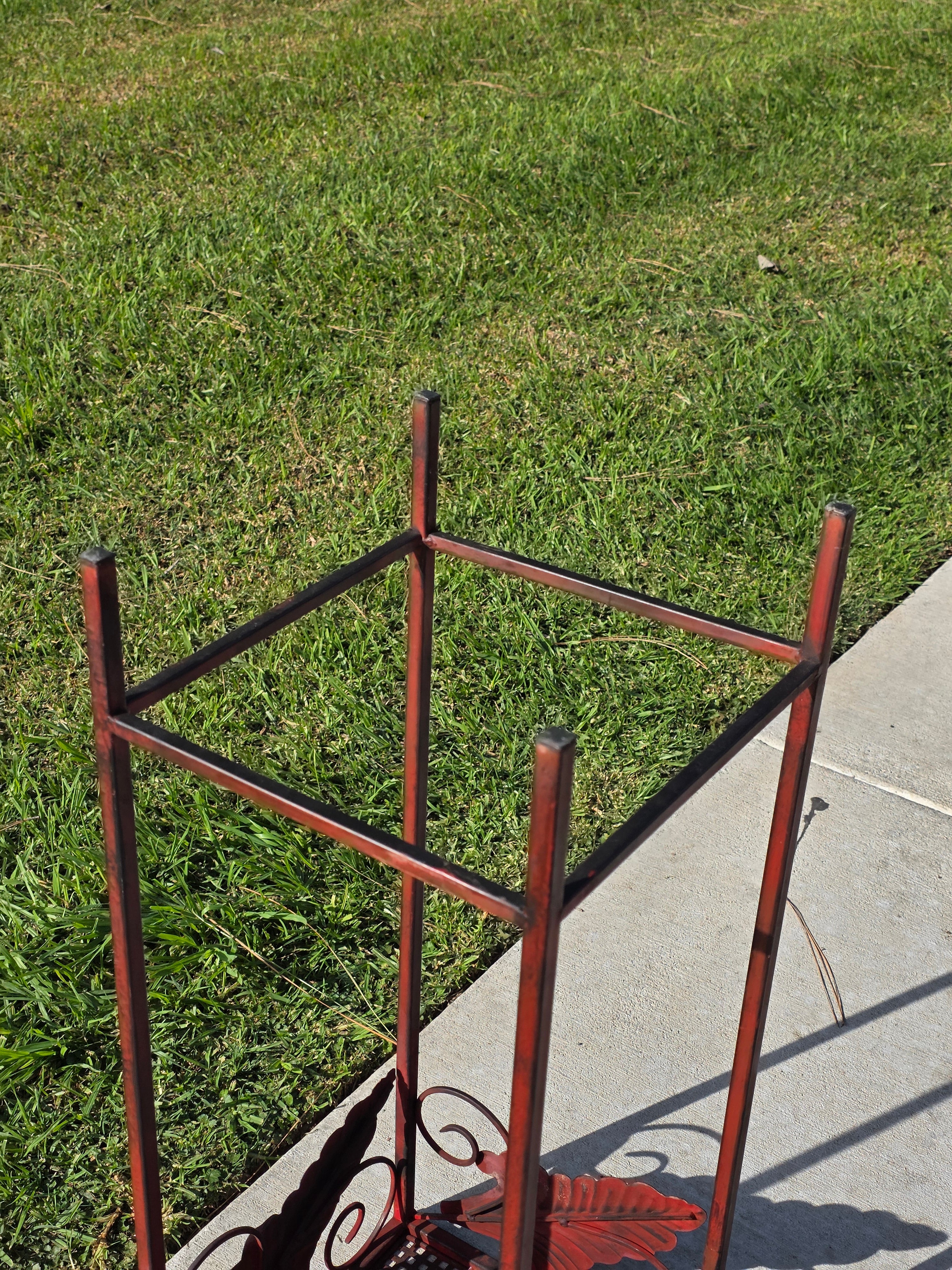 Vintage French Country Burgundy Iron Plant Stand with Large Leaf Accents