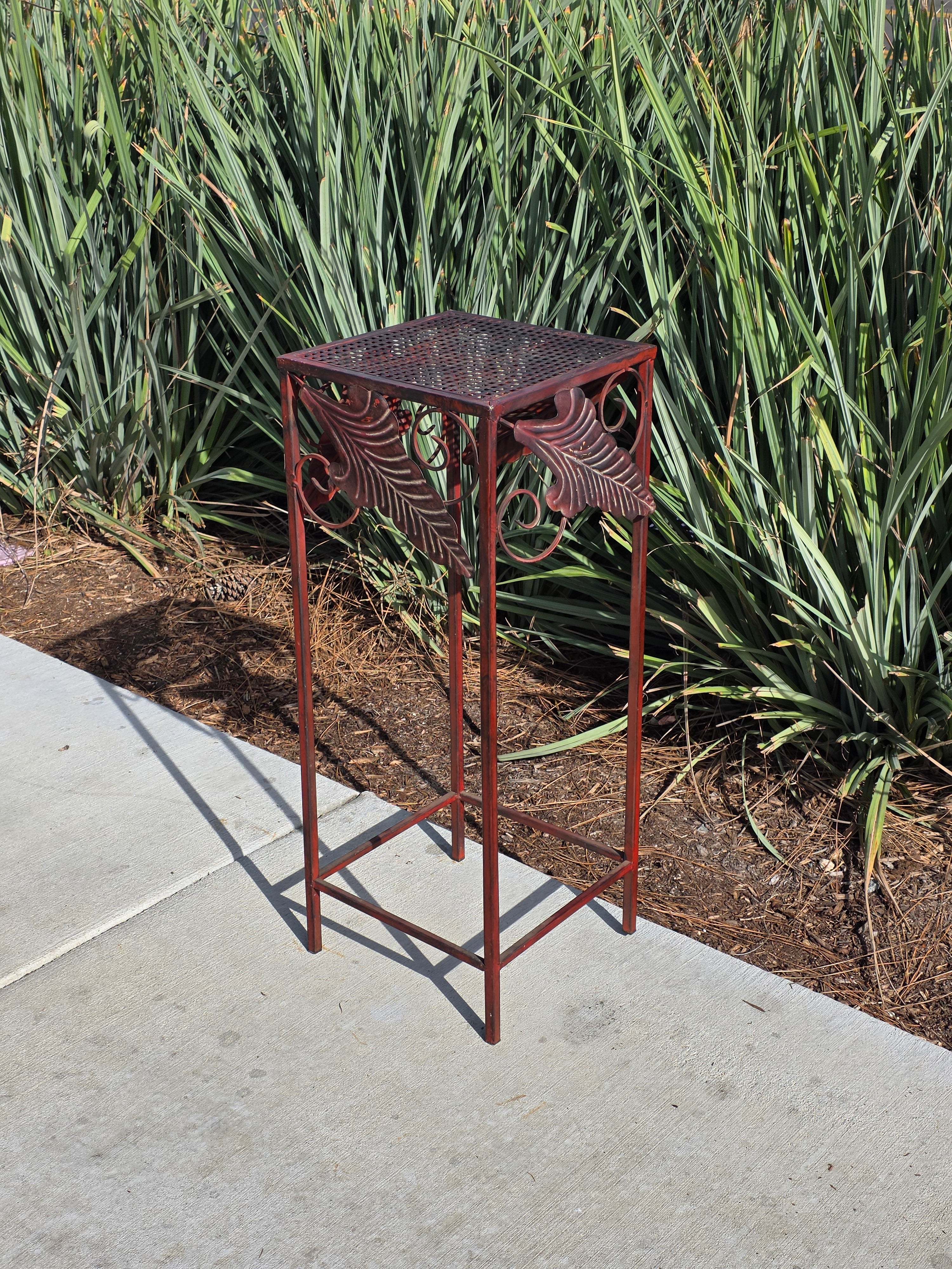 Vintage French Country Burgundy Iron Plant Stand with Large Leaf Accents