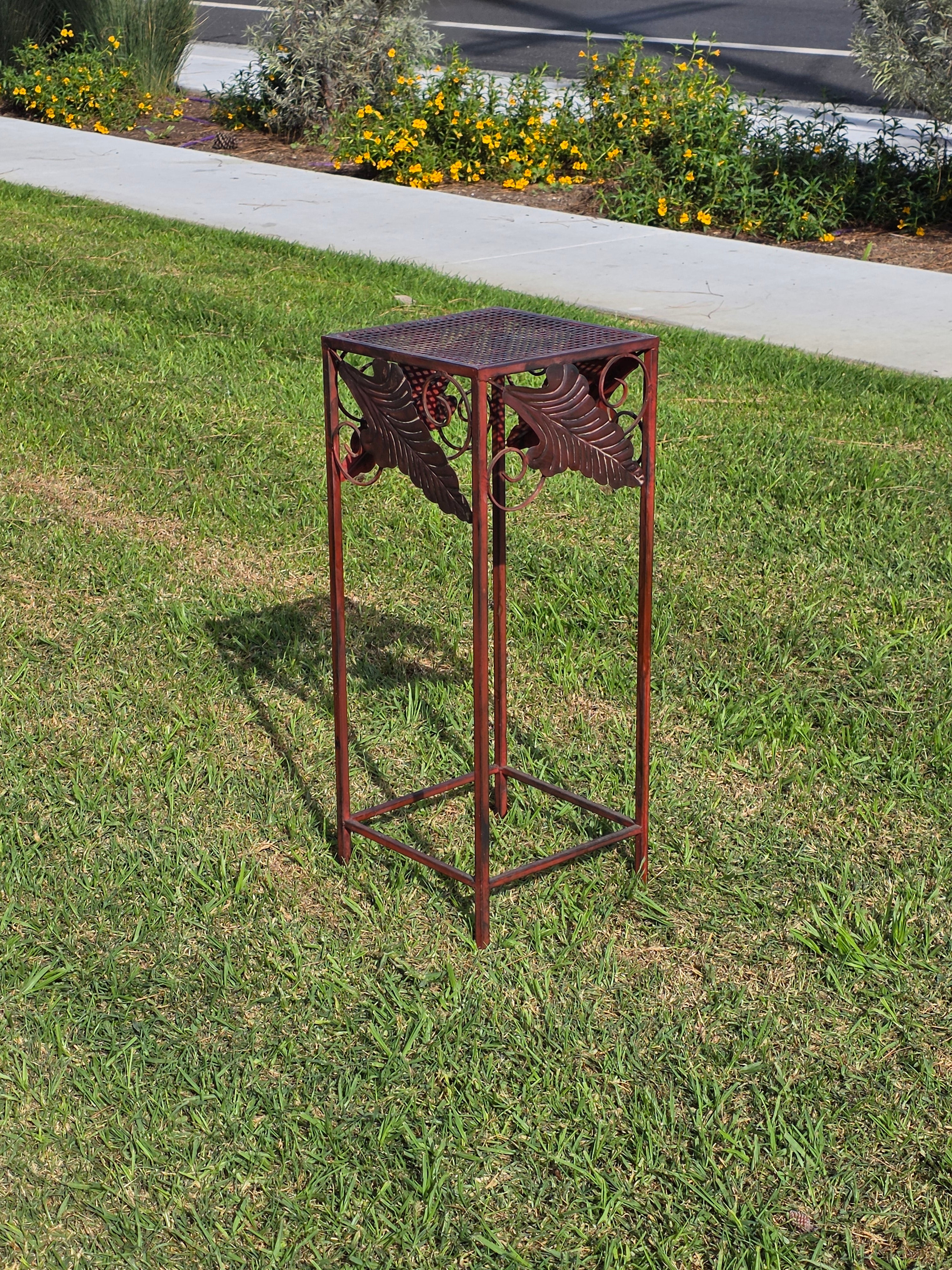 Vintage French Country Burgundy Iron Plant Stand with Large Leaf Accents