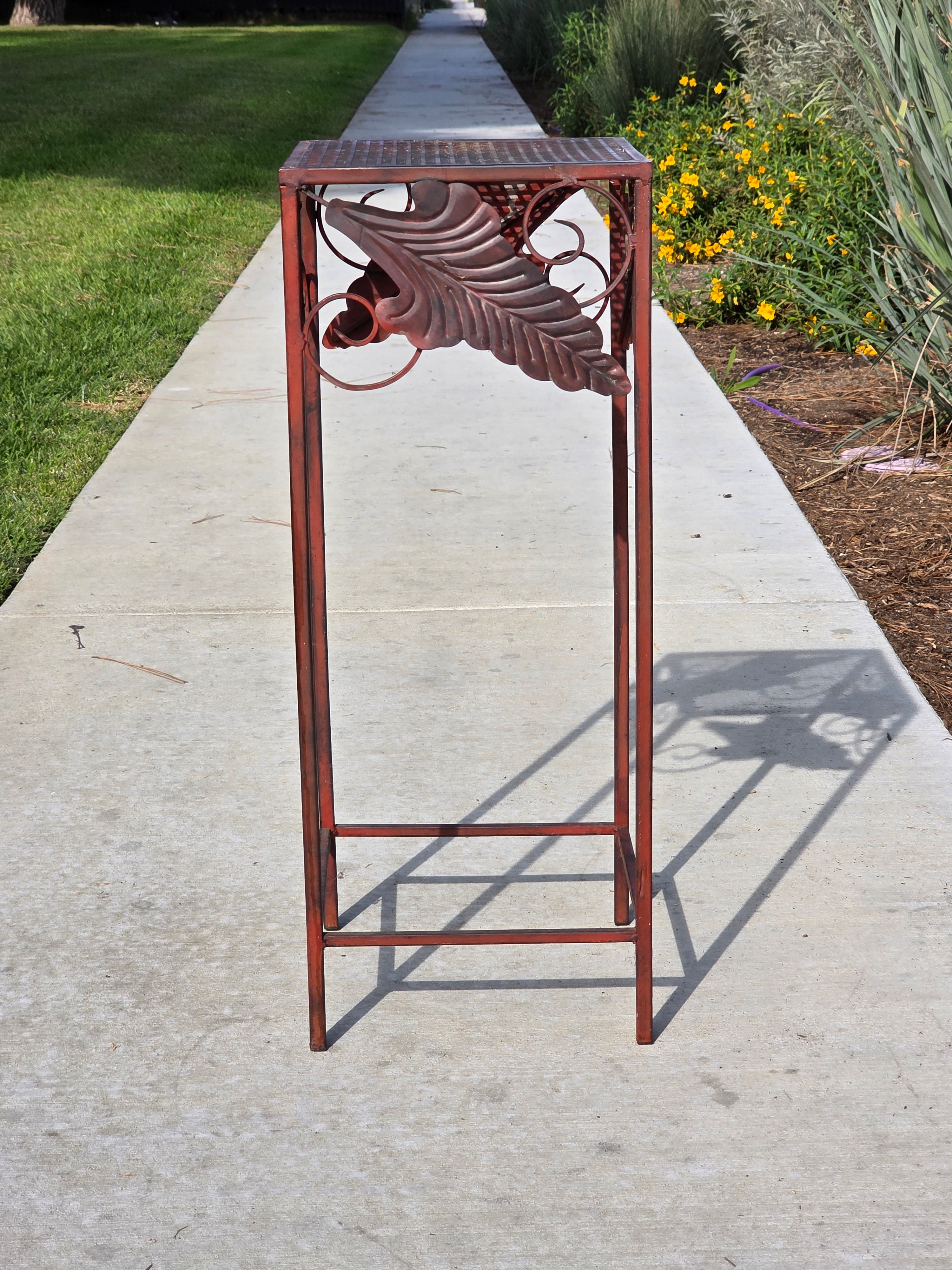 Vintage French Country Burgundy Iron Plant Stand with Large Leaf Accents