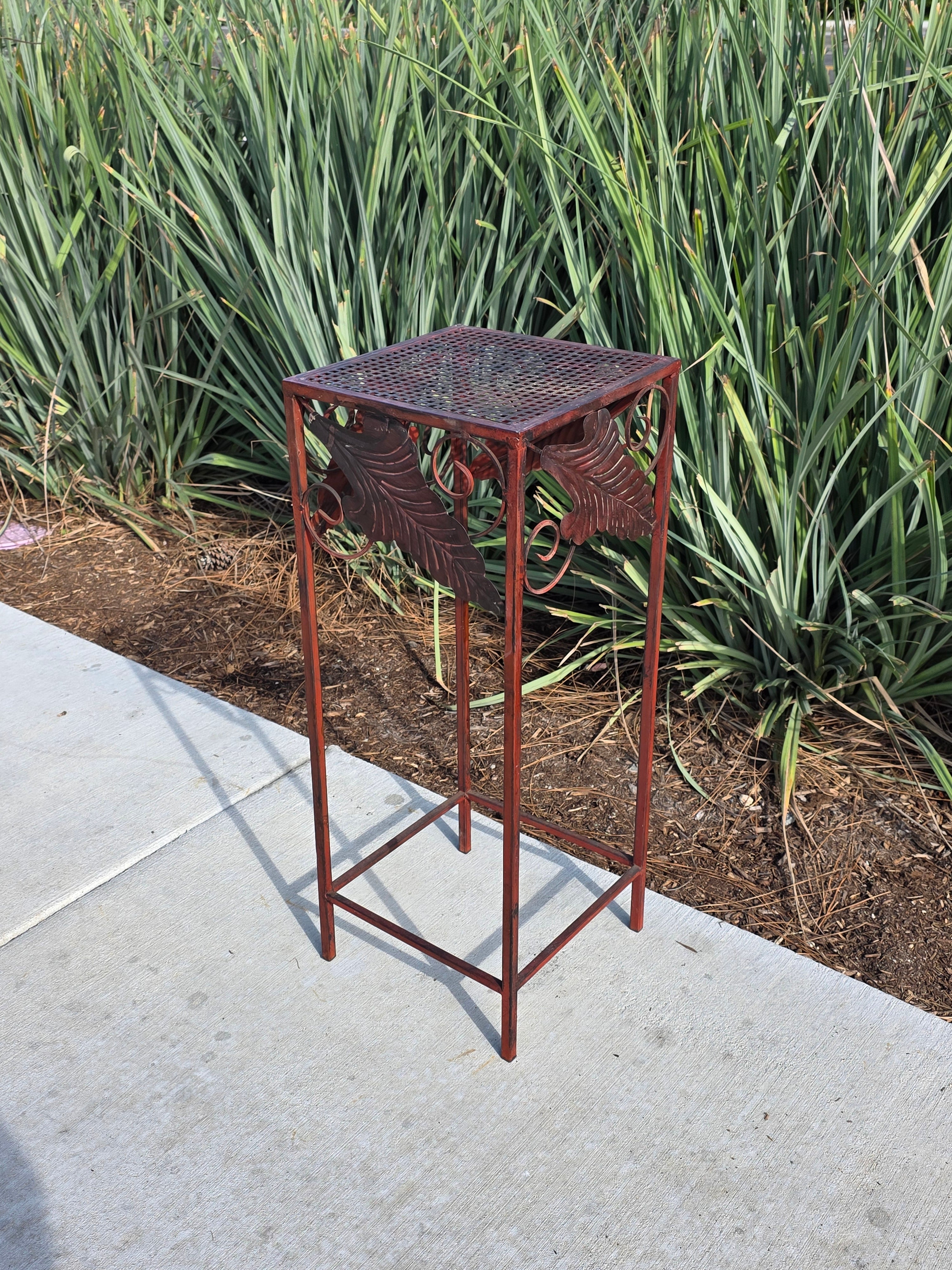 Vintage French Country Burgundy Iron Plant Stand with Large Leaf Accents