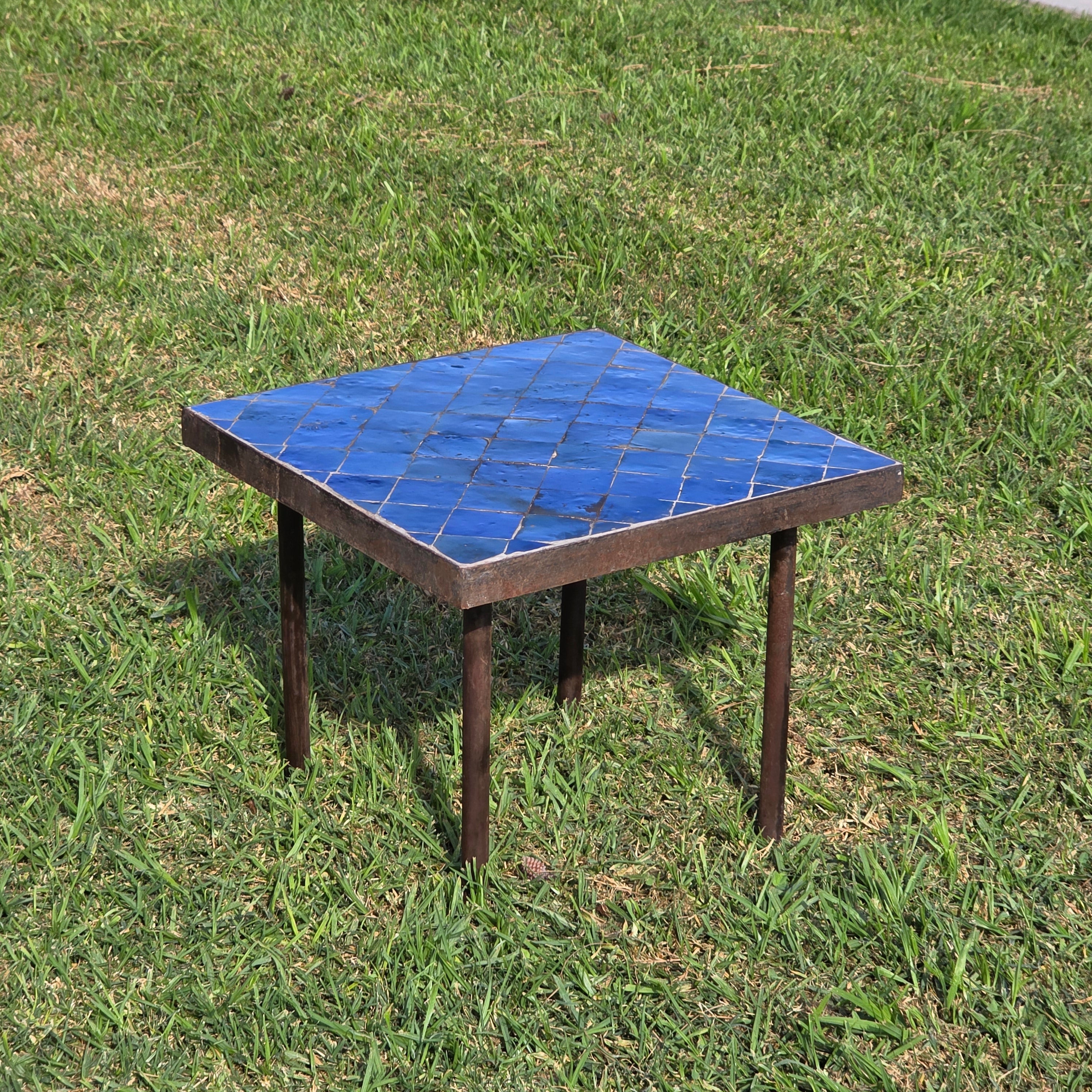 Vintage Custom Industrial Concrete & Tile Side Table with Wrought Iron Base