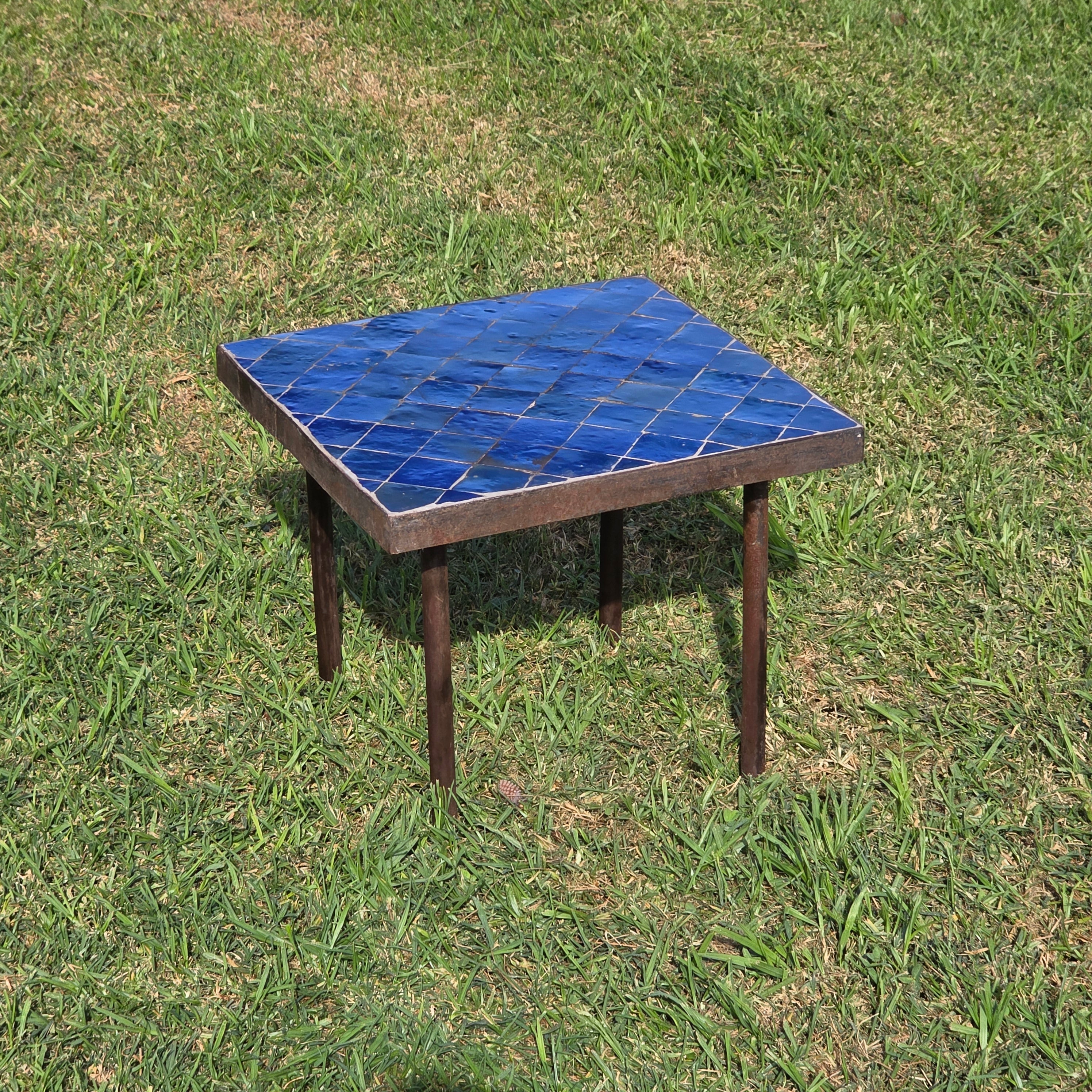 Vintage Custom Industrial Concrete & Tile Side Table with Wrought Iron Base