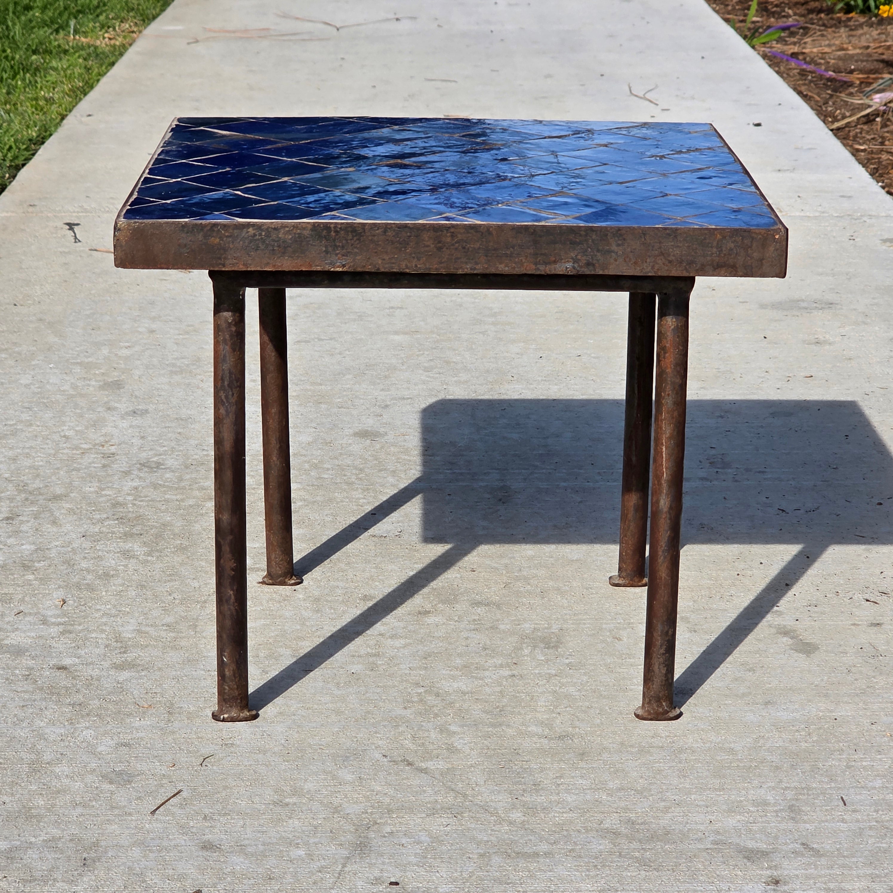 Vintage Custom Industrial Concrete & Tile Side Table with Wrought Iron Base