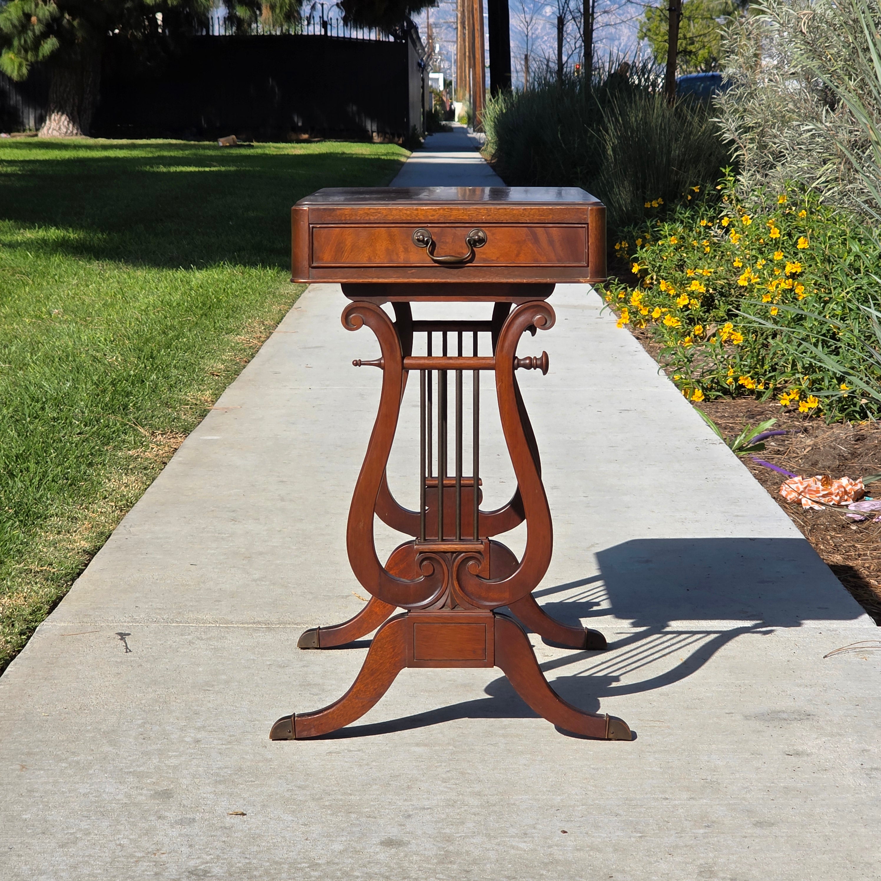Vintage Fine Arts Furn Co. All-Wood Harp Table - Lyre Leg Side Table with Drawer