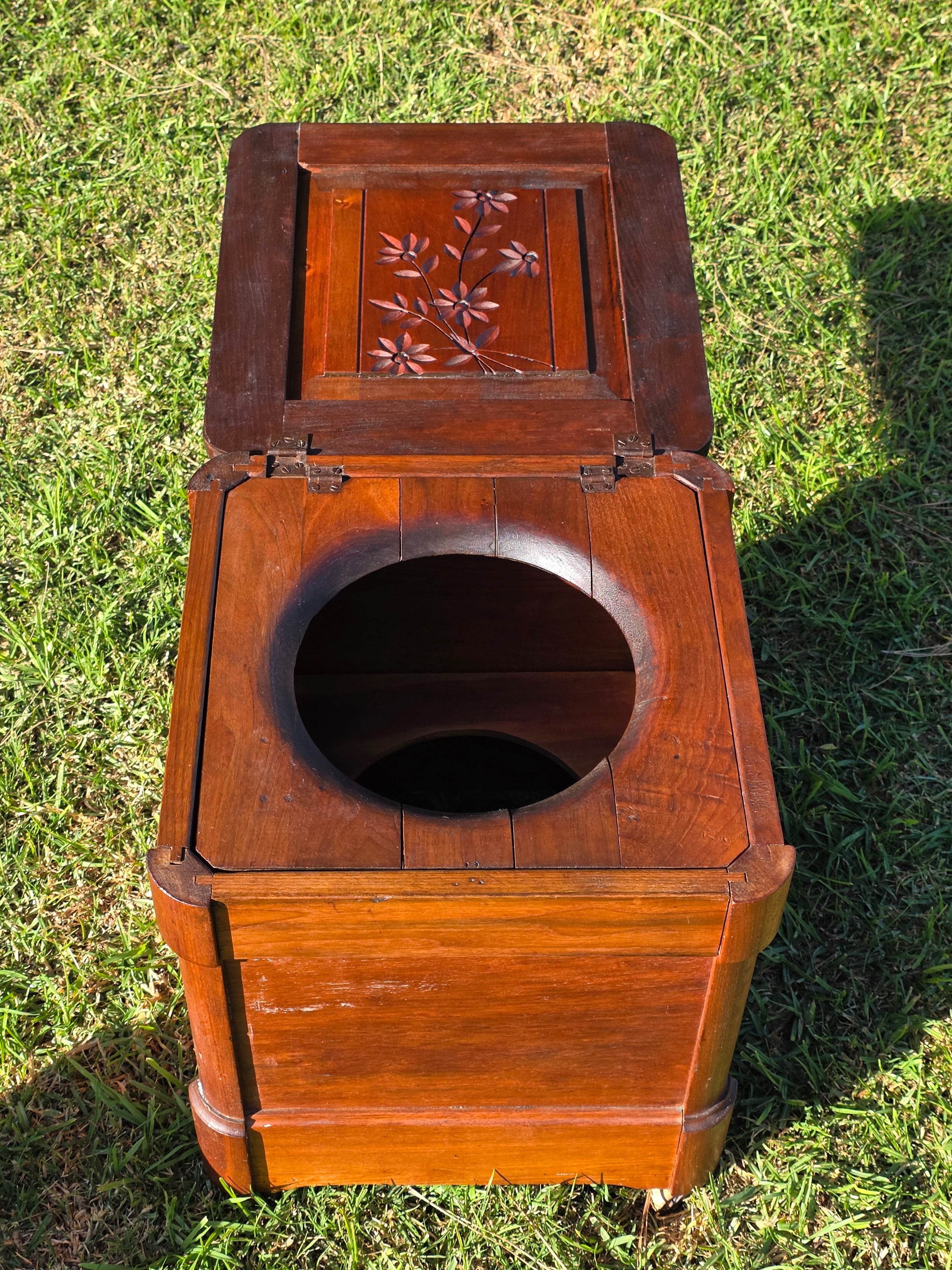 Antique Victorian Commode Box / Hidden Floral Carving & Ceramic Pot on Wheels