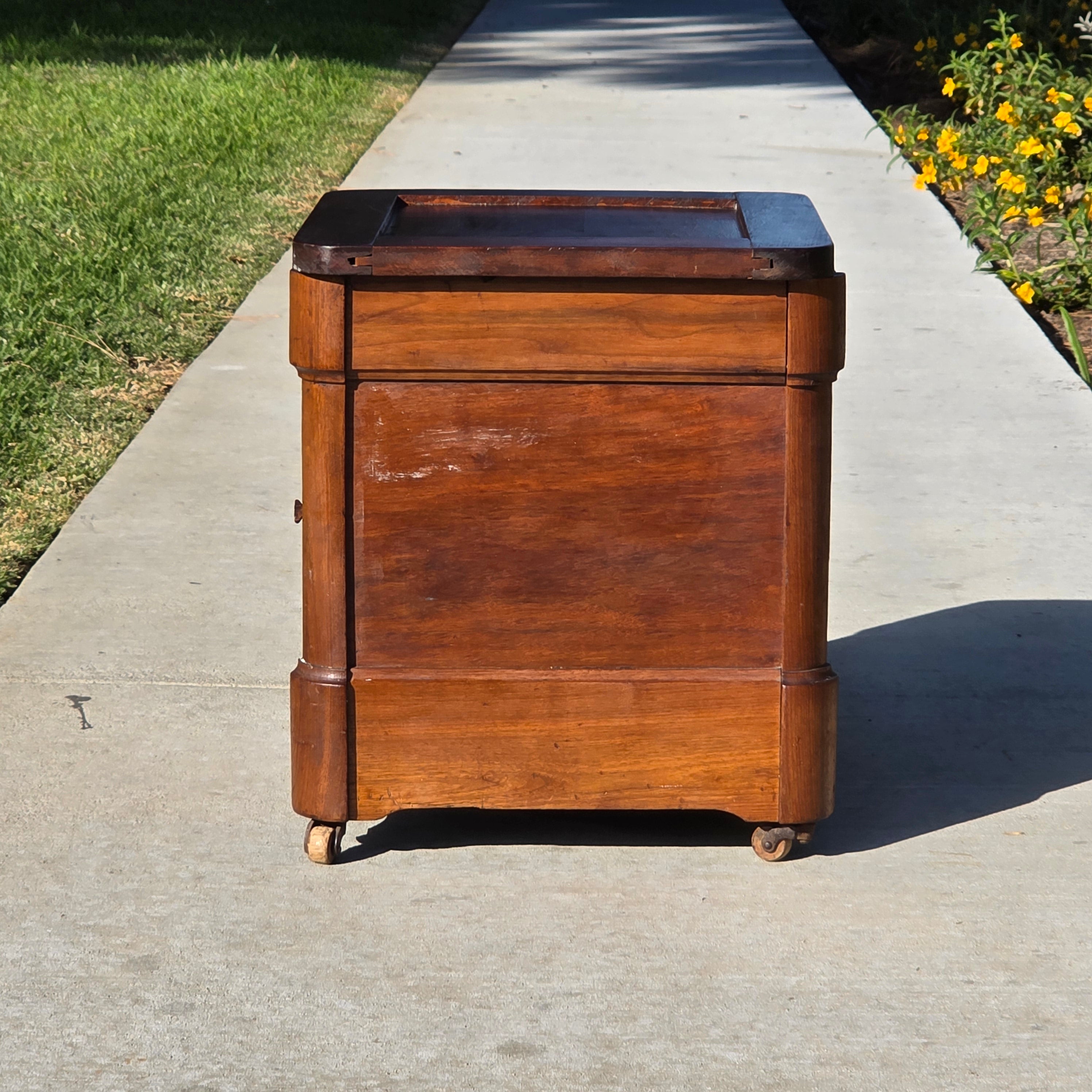 Antique Victorian Commode Box / Hidden Floral Carving & Ceramic Pot on Wheels