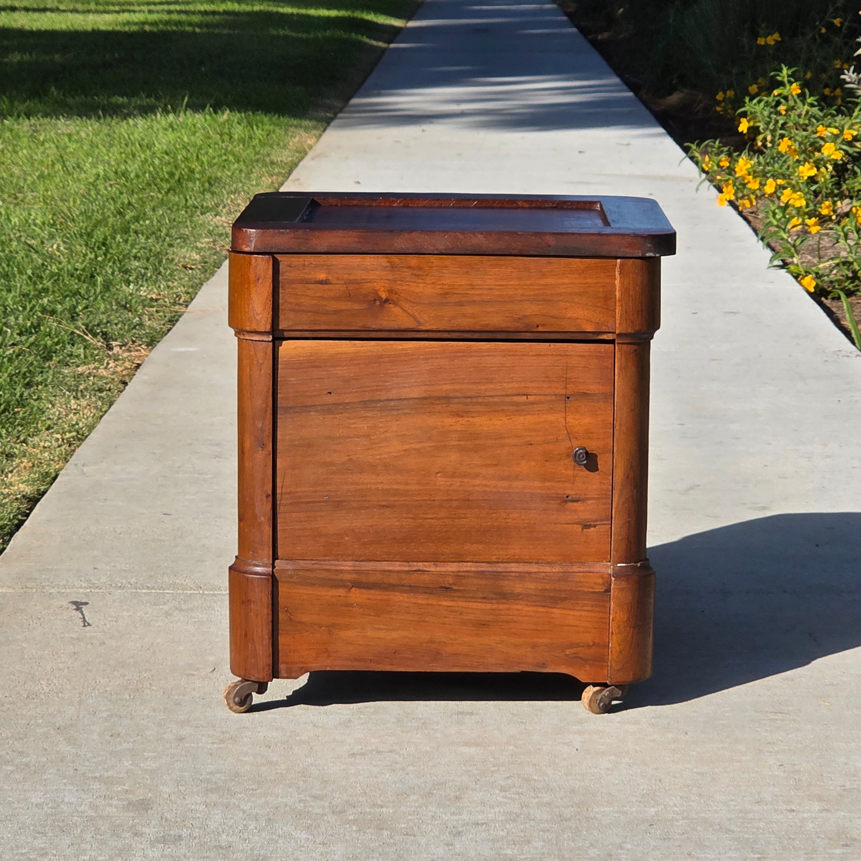 Antique Victorian Commode Box / Hidden Floral Carving & Ceramic Pot on Wheels