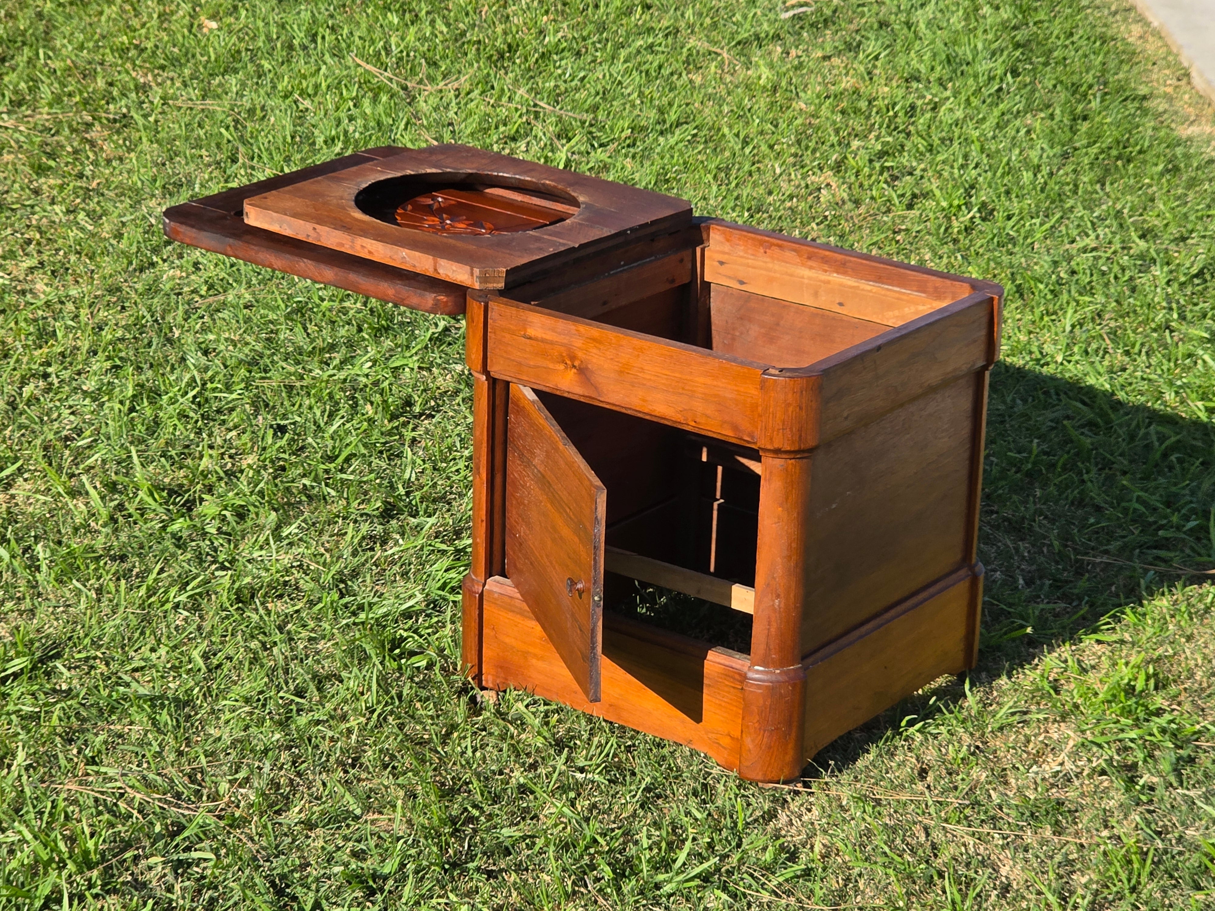 Antique Victorian Commode Box / Hidden Floral Carving & Ceramic Pot on Wheels