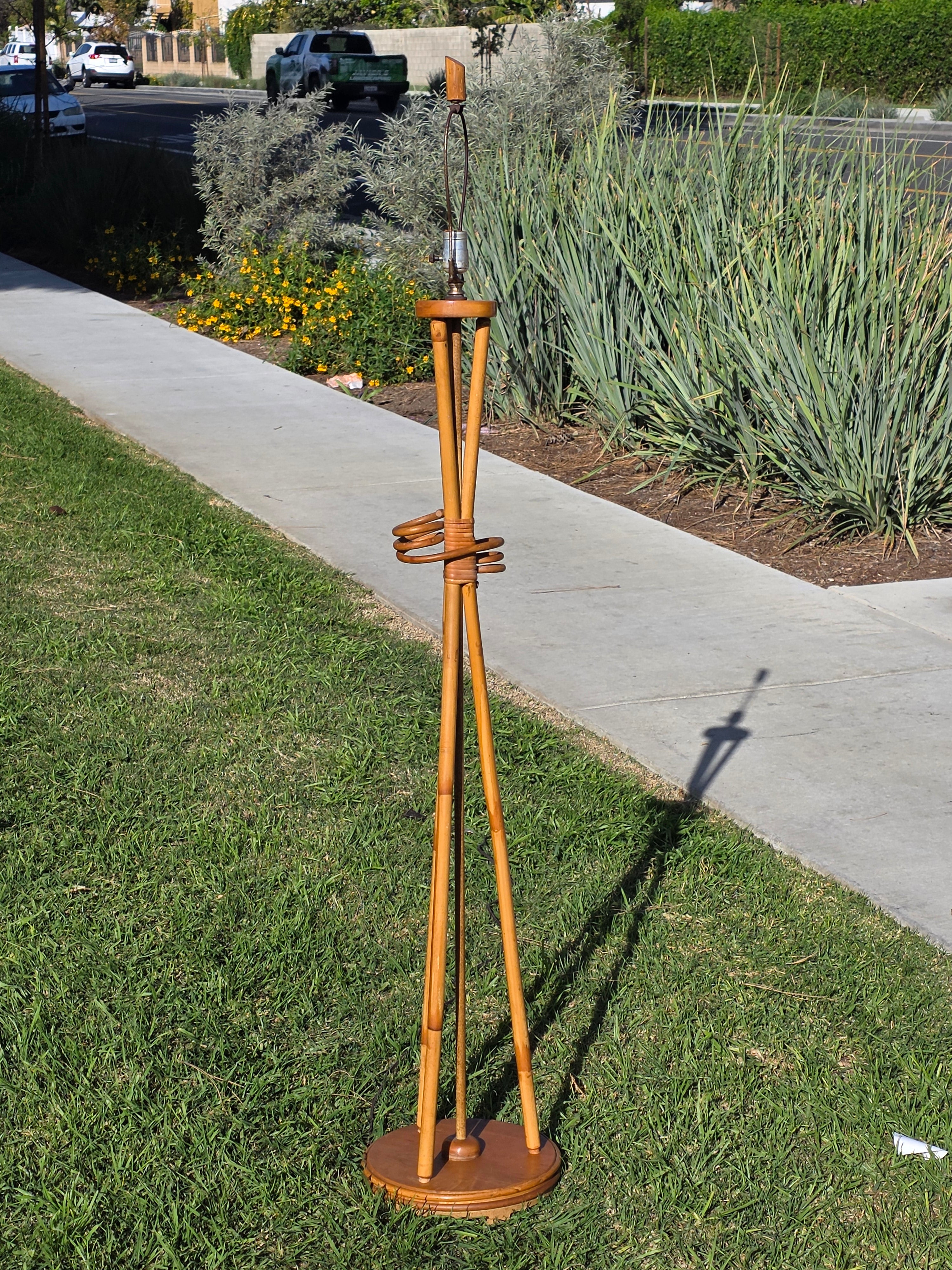 Vintage Mid-Century Modern Bamboo & Rattan Tripod Floor Lamp (1950s-60s)