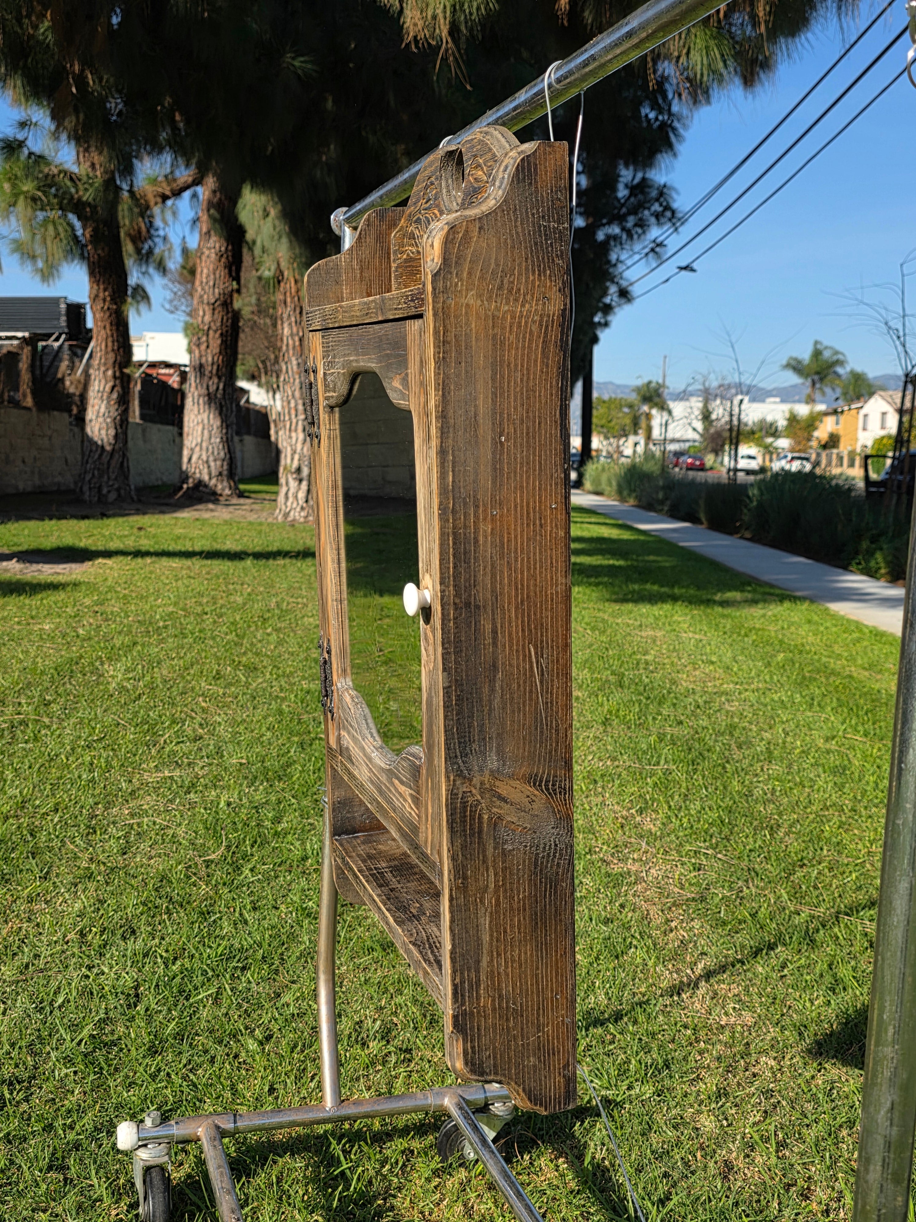 Vintage Mexican Rustic Pine Medicine Cabinet w/ Hand-Carved Leaf Detail