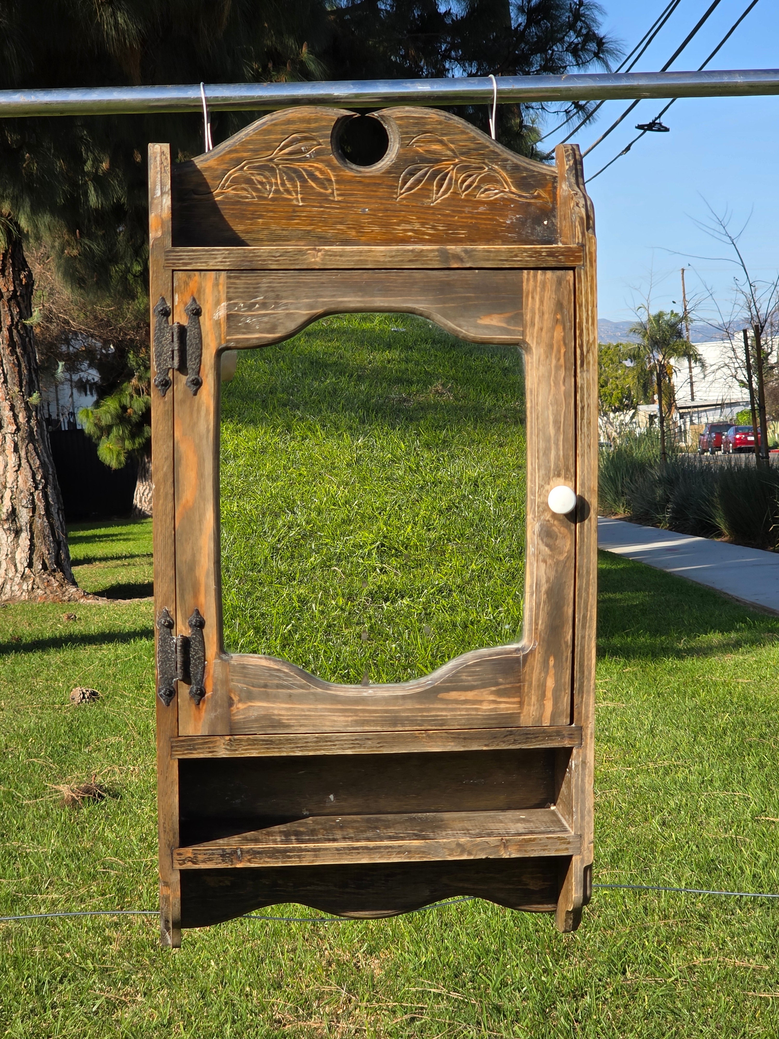 Vintage Mexican Rustic Pine Medicine Cabinet w/ Hand-Carved Leaf Detail