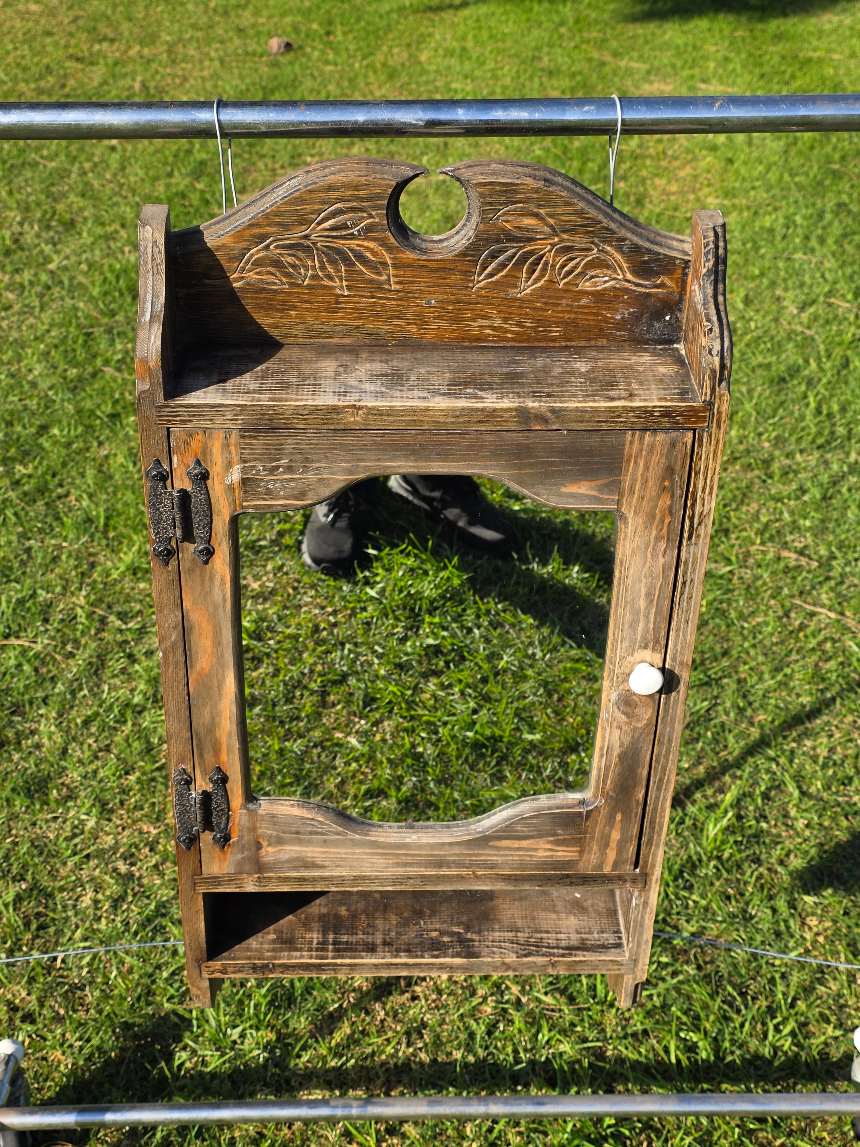 Vintage Mexican Rustic Pine Medicine Cabinet w/ Hand-Carved Leaf Detail