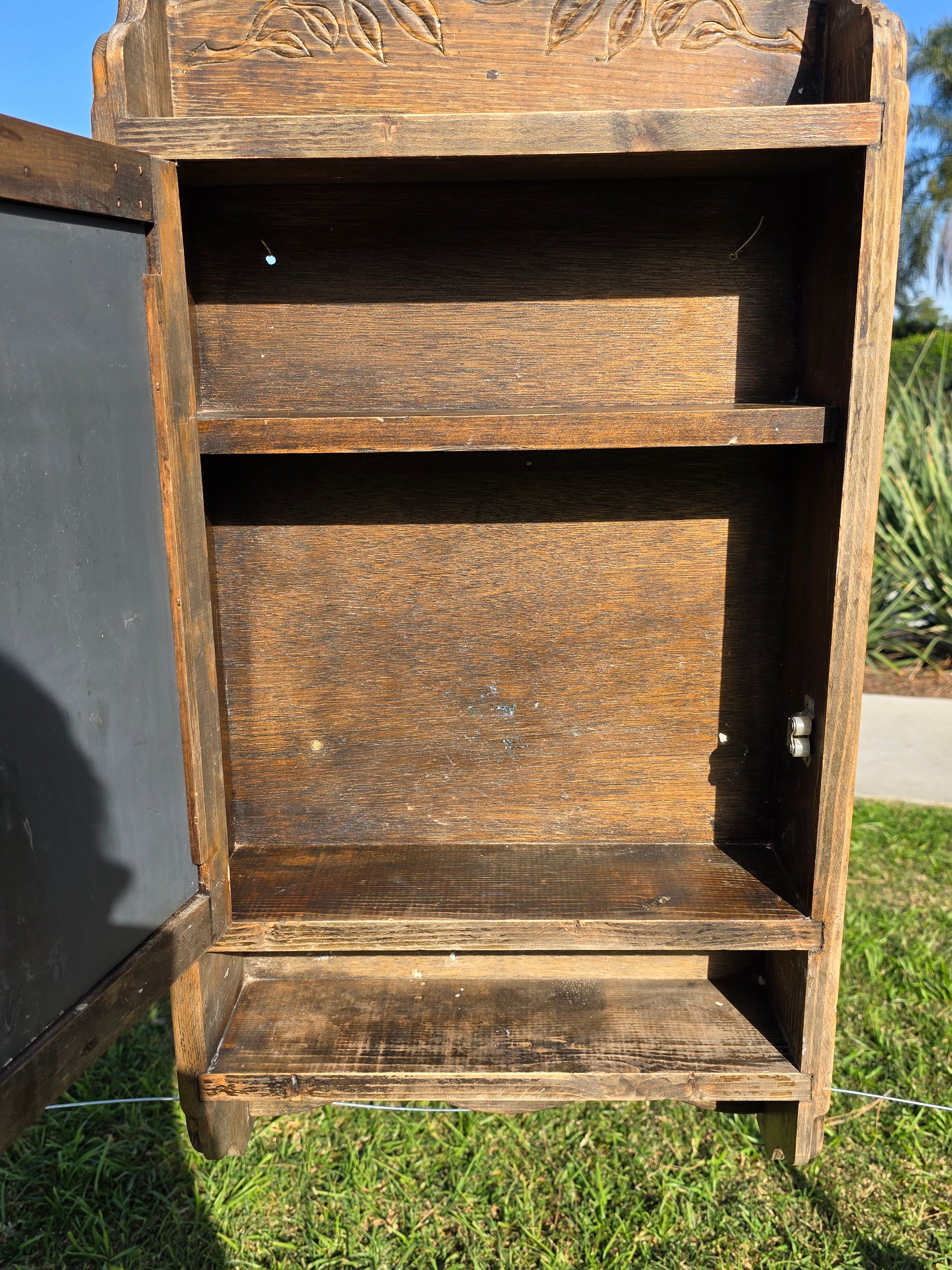 Vintage Mexican Rustic Pine Medicine Cabinet w/ Hand-Carved Leaf Detail