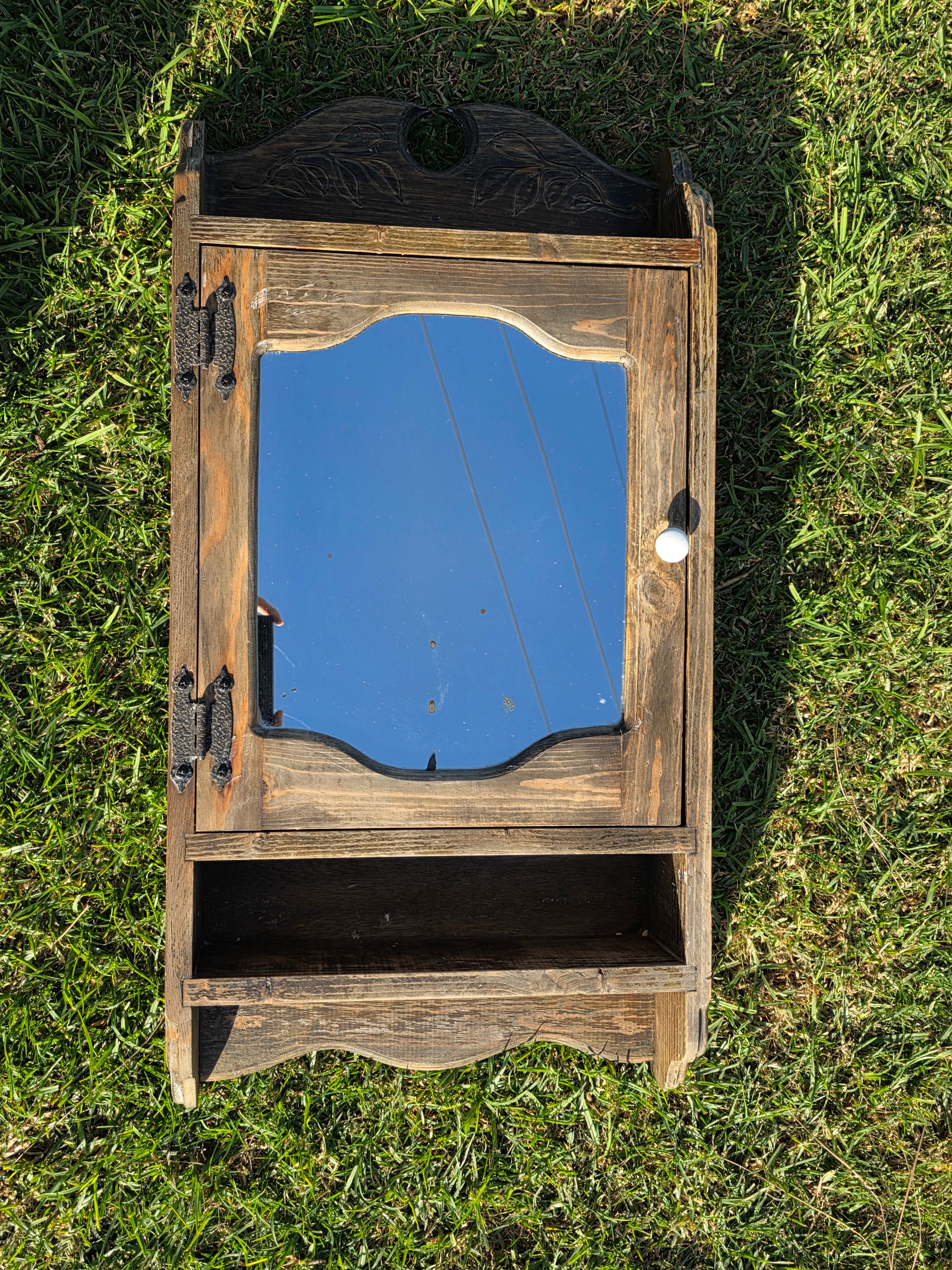 Vintage Mexican Rustic Pine Medicine Cabinet w/ Hand-Carved Leaf Detail