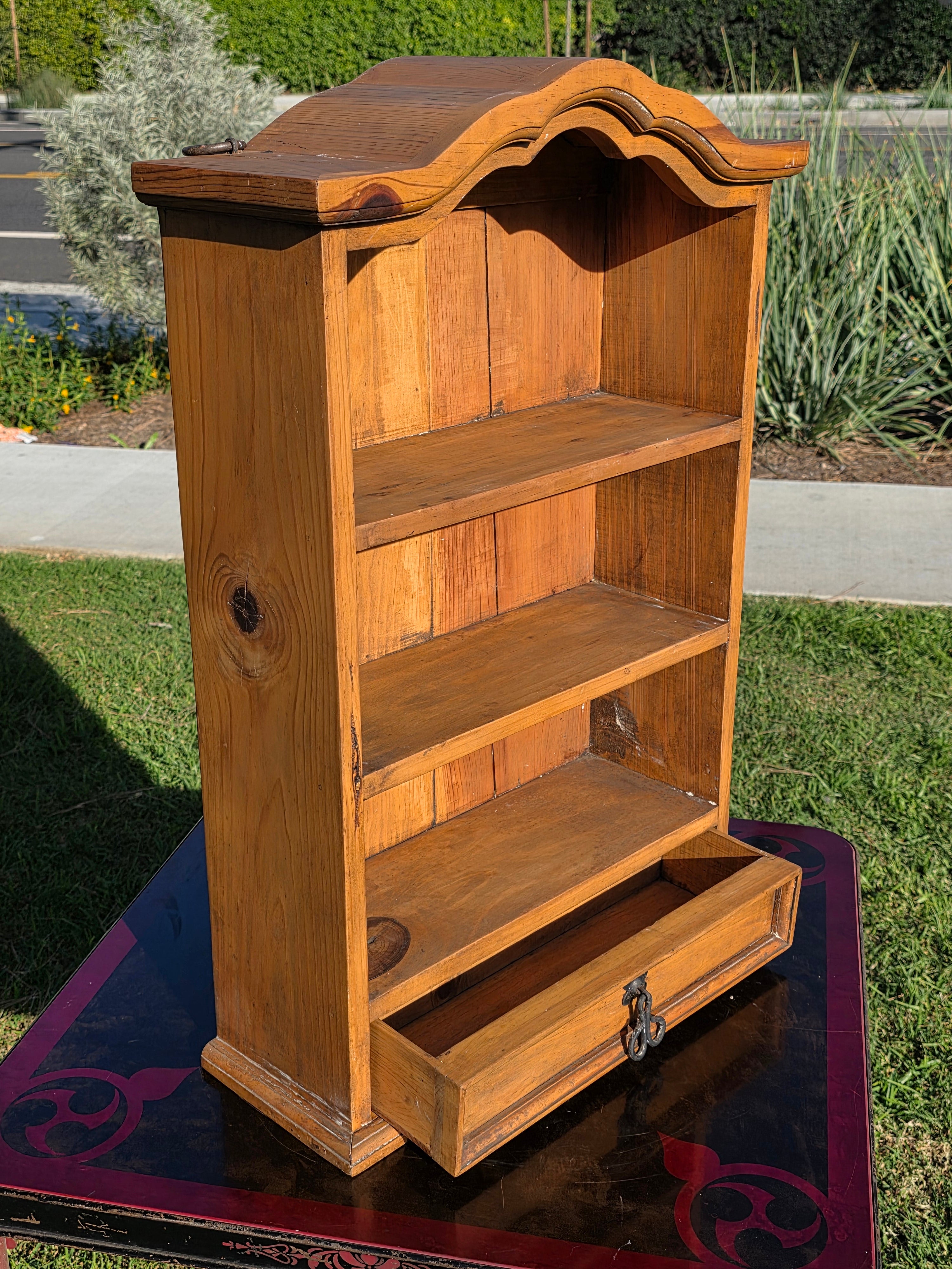 Vintage Mexican Pine Bookcase / 4-Tier Wall Mounted Display Shelf w/ Drawer 32"H