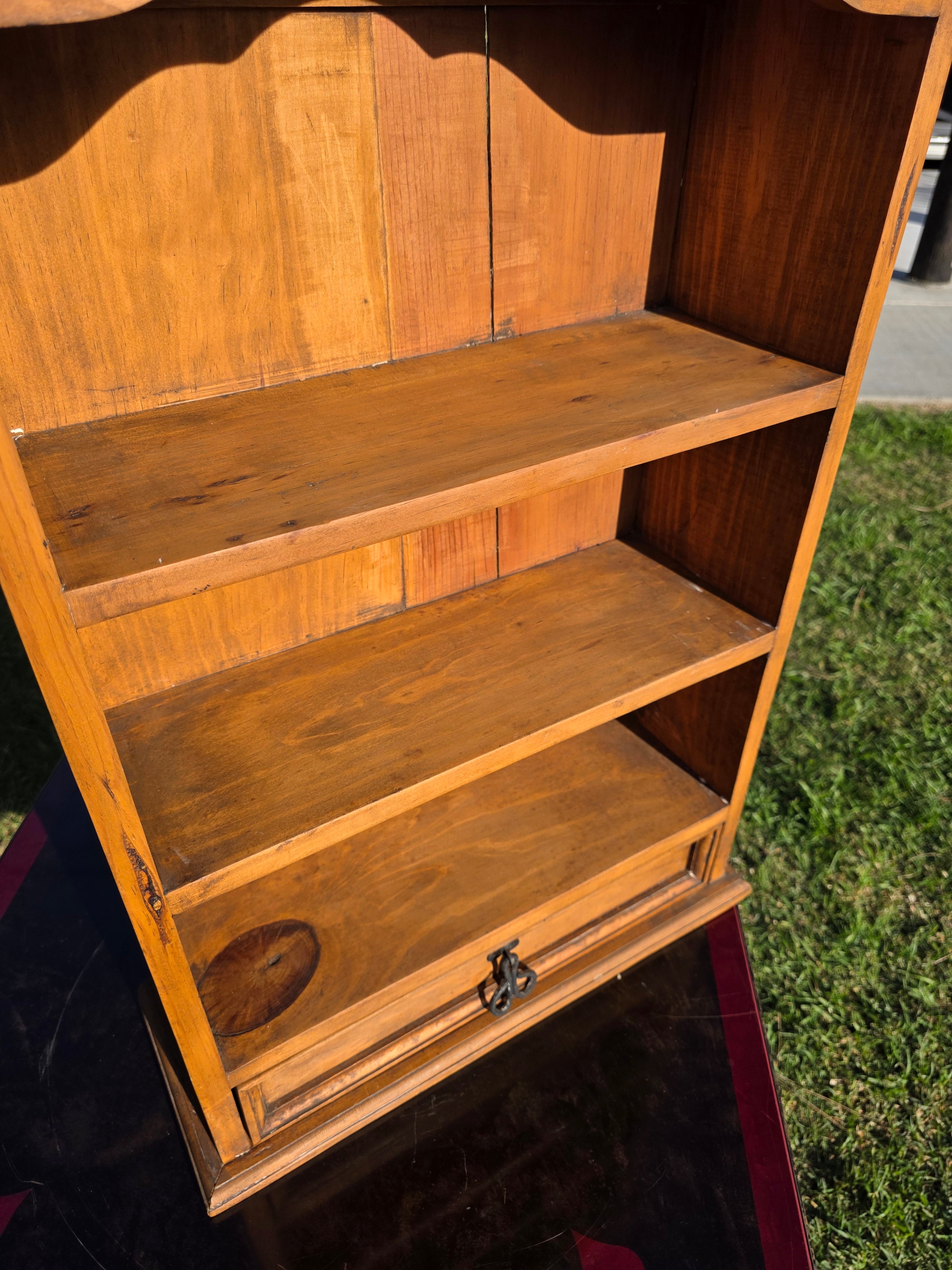 Vintage Mexican Pine Bookcase / 4-Tier Wall Mounted Display Shelf w/ Drawer 32"H